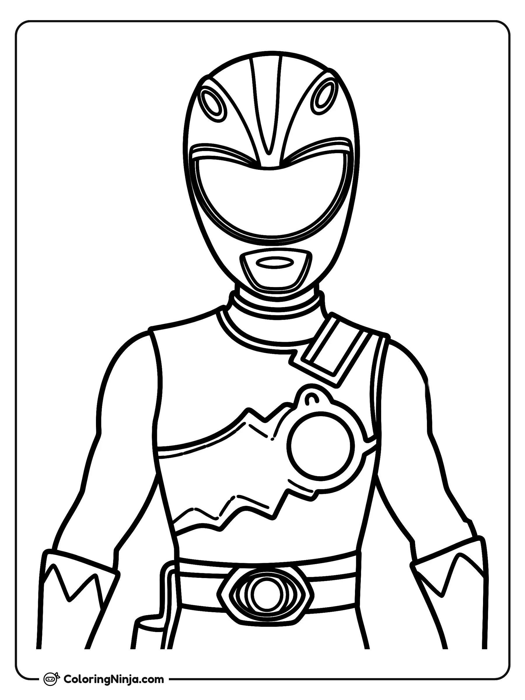 Power Ranger con traje de batalla, dibujo para colorear: Un Power Ranger posa de frente listo para la acción con su casco y su traje completo.