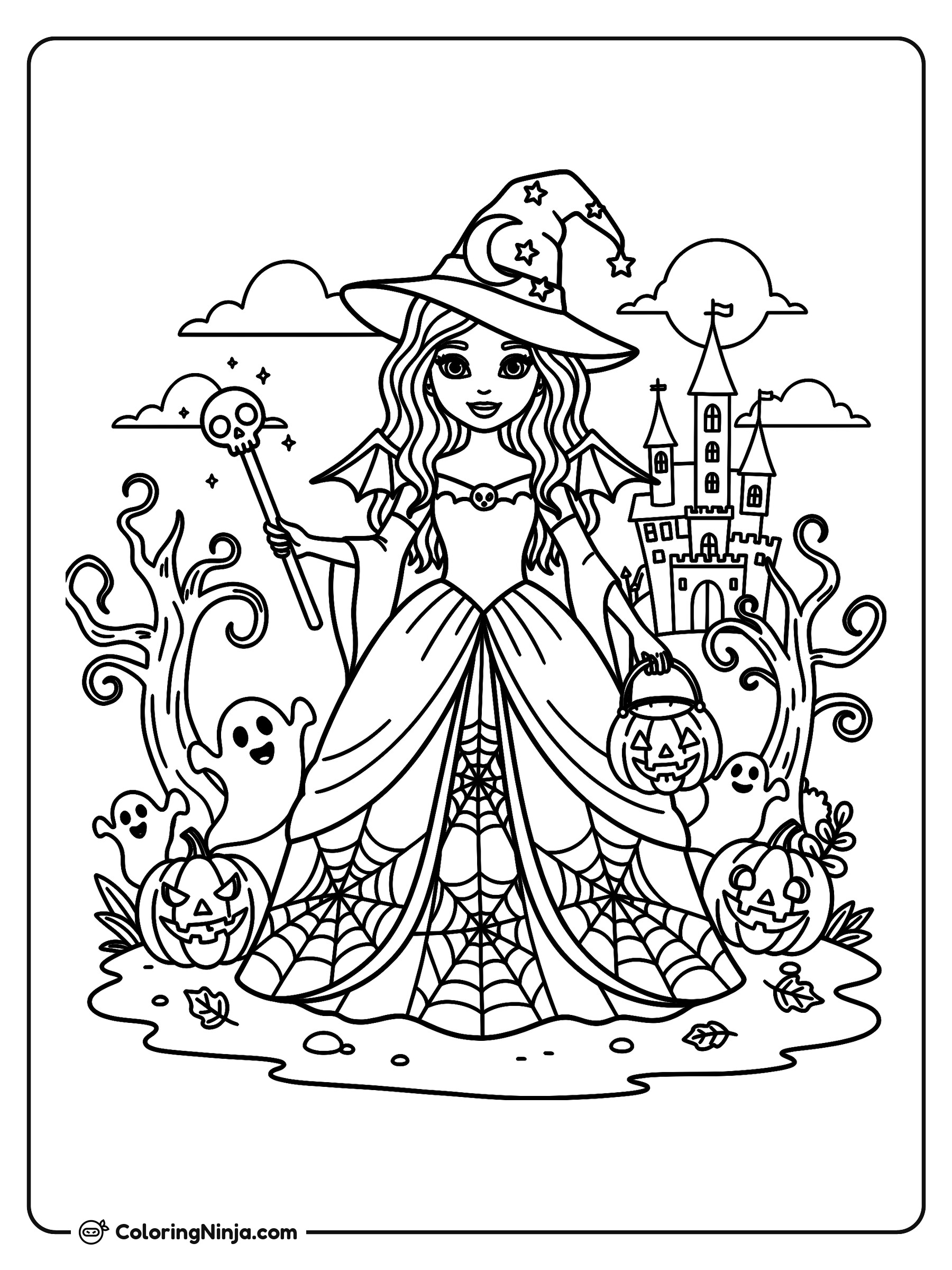 Princesa de Halloween con Castillo: dibujo para colorear