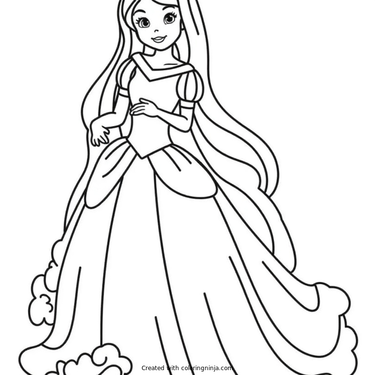 A coloring page of a princess with long hair