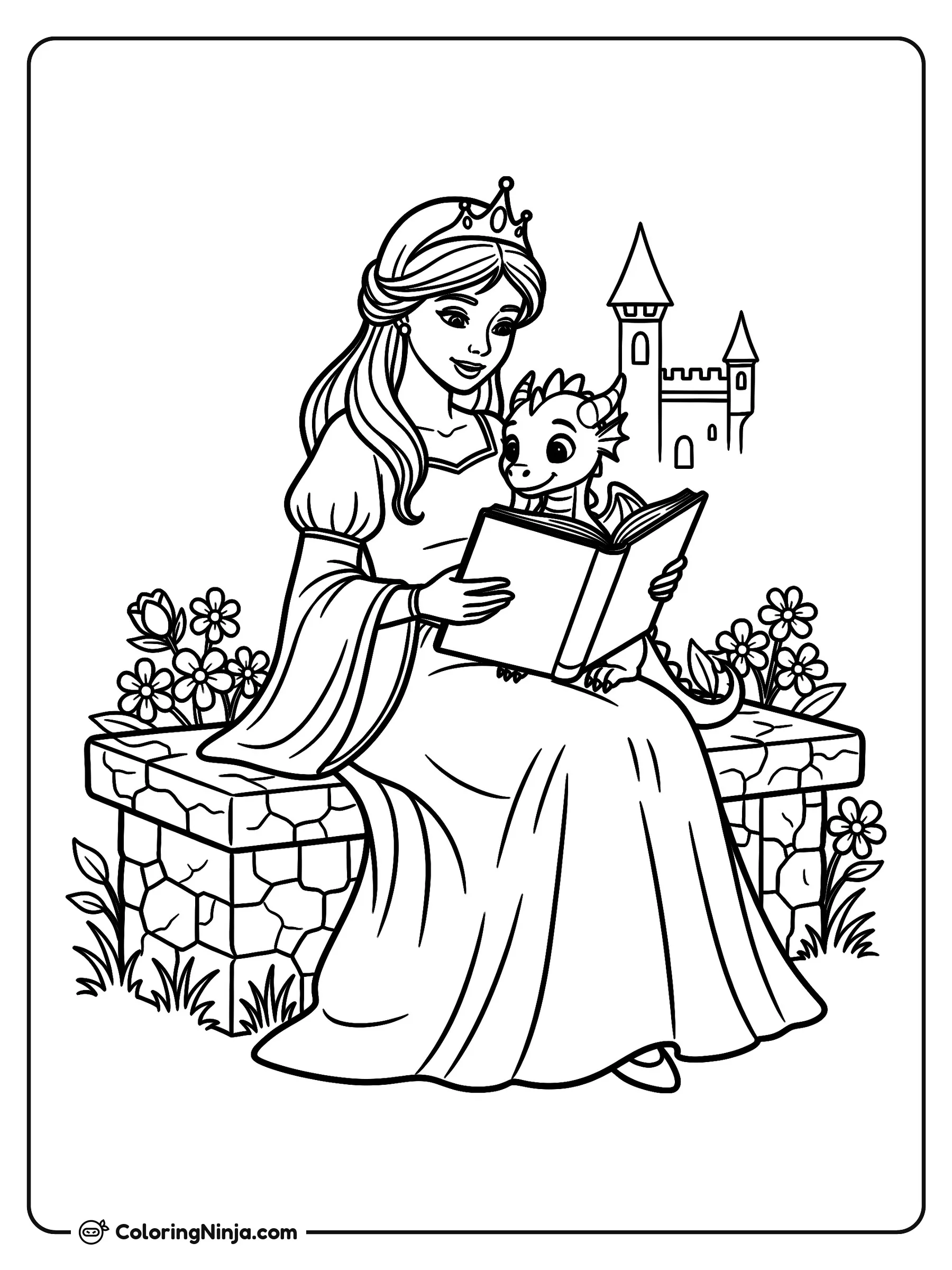 Hora de lectura con el pequeño dragón, dibujo para colorear: Una princesa sentada en un banco de piedra al aire libre lee un libro junto a un pequeño dragón que descansa en su regazo.