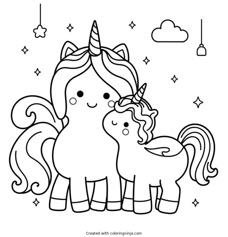 A coloring page of princess and unicorn kawaii style