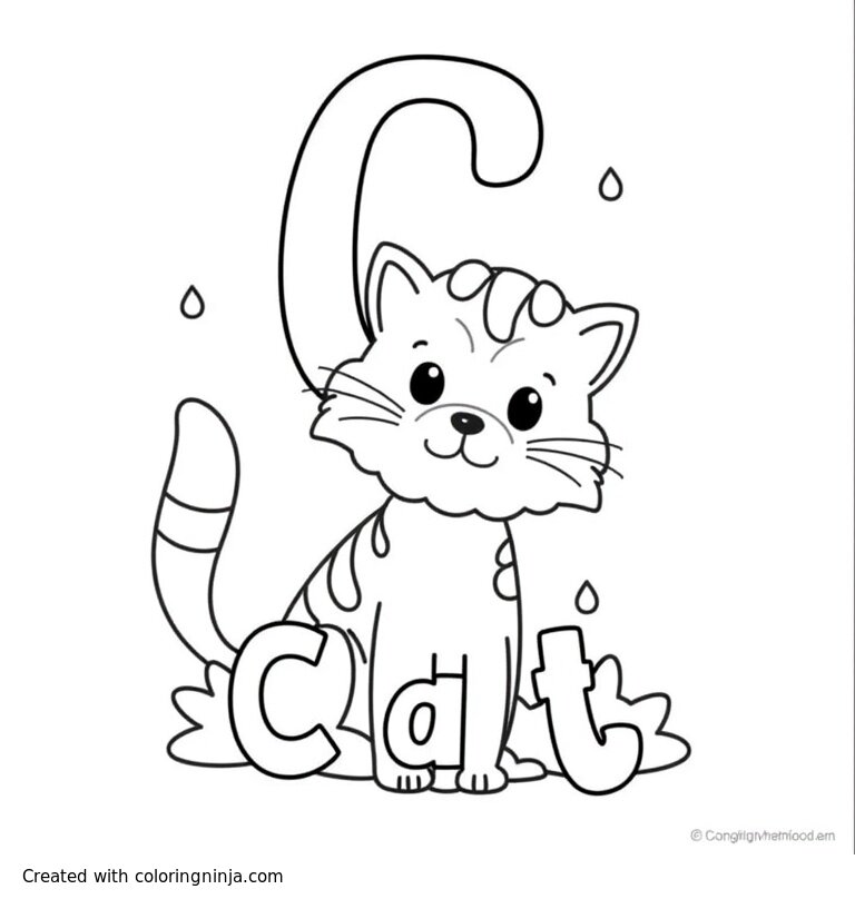 A coloring page of A printable for preschool with a capital "C", below it a cat and below the dog the word "CAT"