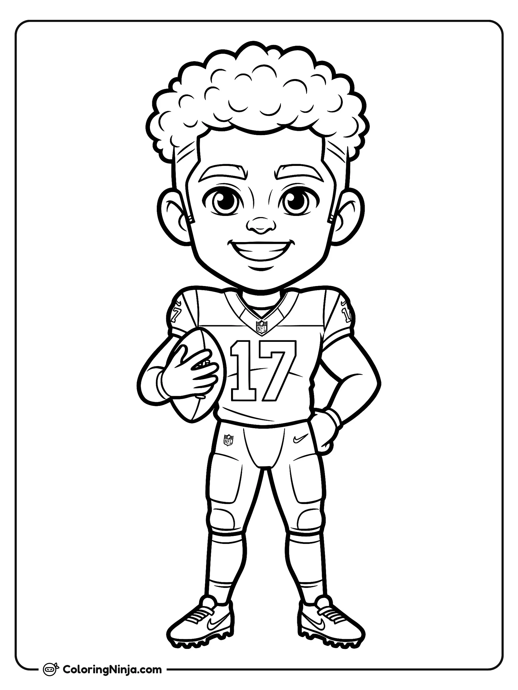 Puka Nacua héroe del fútbol americano, dibujo para colorear: Puka Nacua posa alegremente con su uniforme de fútbol americano y el número diecisiete. Lleva un balón bajo el brazo mientras sonríe con confianza.