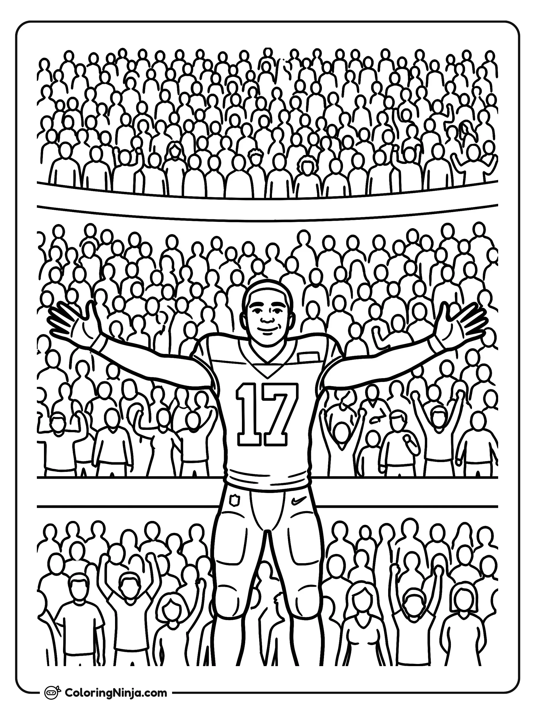 Celebración de touchdown de Puka Nacua, dibujo para colorear: El jugador de fútbol americano Puka Nacua celebra un touchdown con los brazos abiertos en medio del estadio.