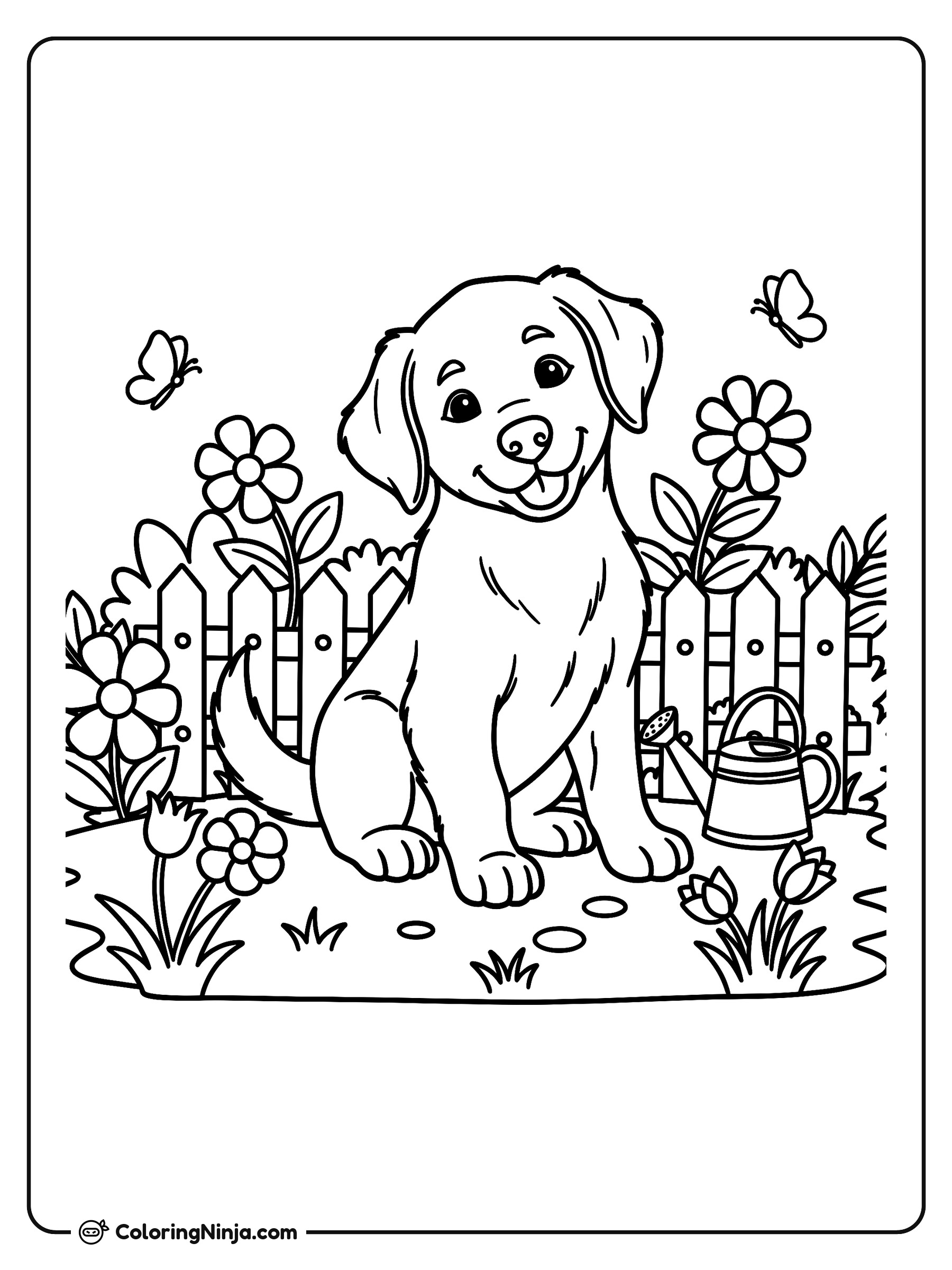Puppy in a Garden Coloring Page