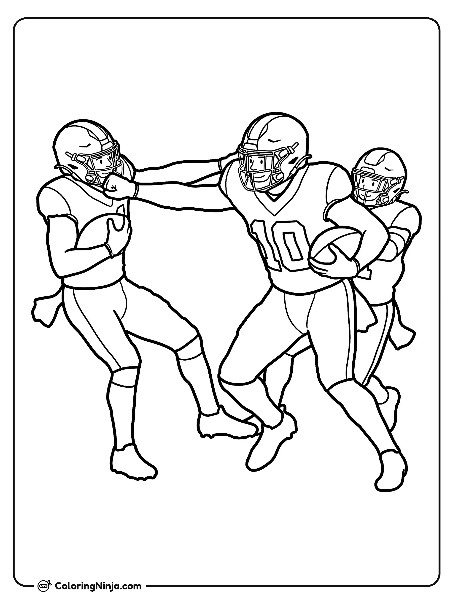 Quinshon Judkins en una jugada de despeje, dibujo para colorear: Quinshon Judkins avanza con el balón de fútbol americano bajo el brazo mientras se defiende con el brazo extendido frente a un rival.