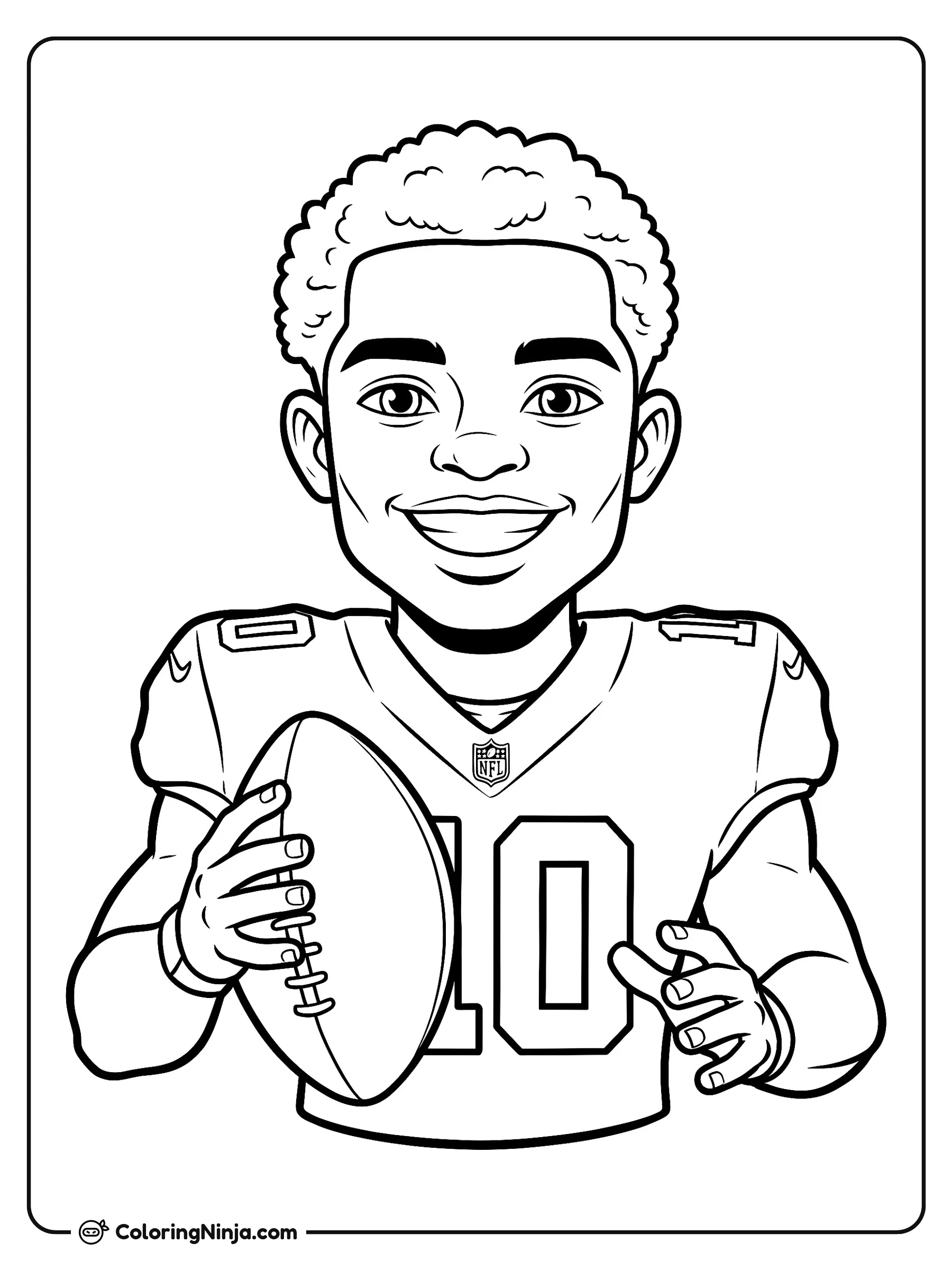 Quinshon Judkins héroe de caricatura, dibujo para colorear: Quinshon Judkins sonríe alegremente mientras viste un uniforme de fútbol americano con el número diez. Sostiene un balón listo para jugar en el campo deportivo.