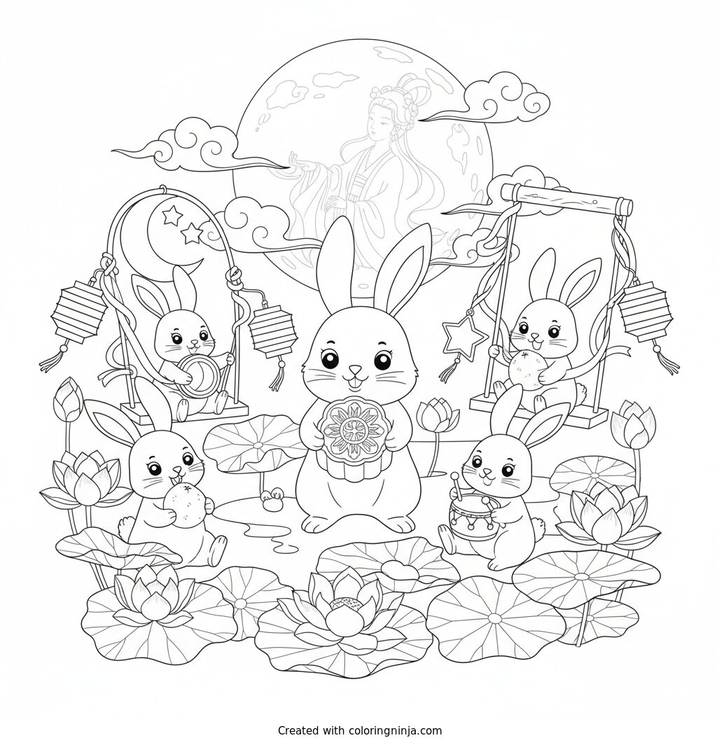 Rabbits Mid-Autumn Festival Coloring Page
