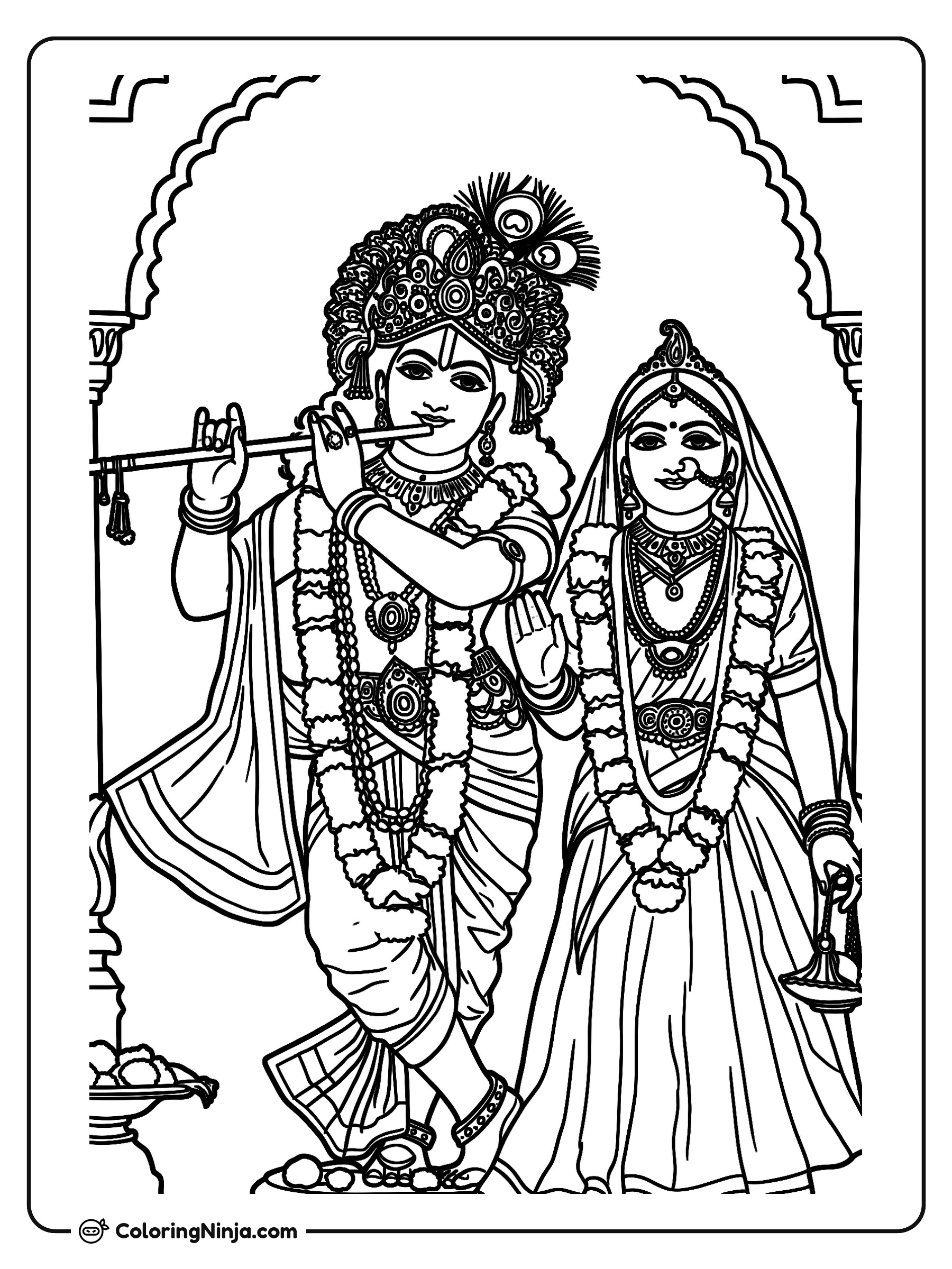 Radha y Krishna con Trajes Tradicionales: dibujo para colorear
