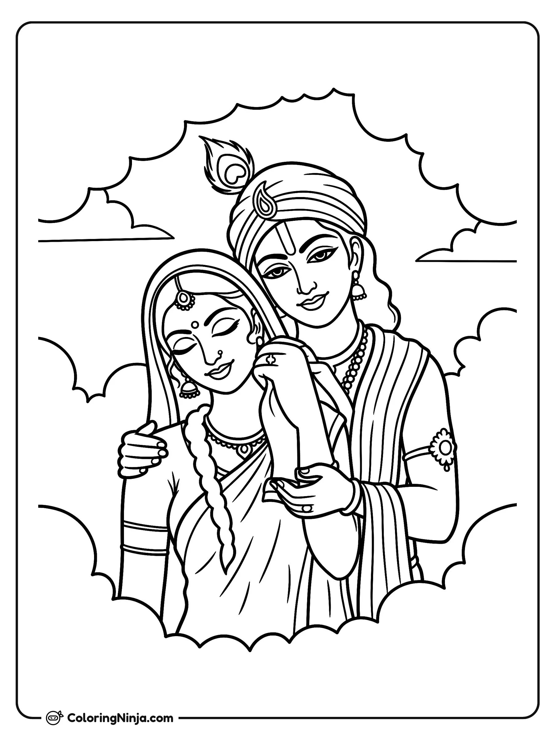 Radha y Krishna en un tierno abrazo, dibujo para colorear: Radha y Krishna se encuentran juntos en un afectuoso abrazo, rodeados por suaves formas de nubes en el cielo.