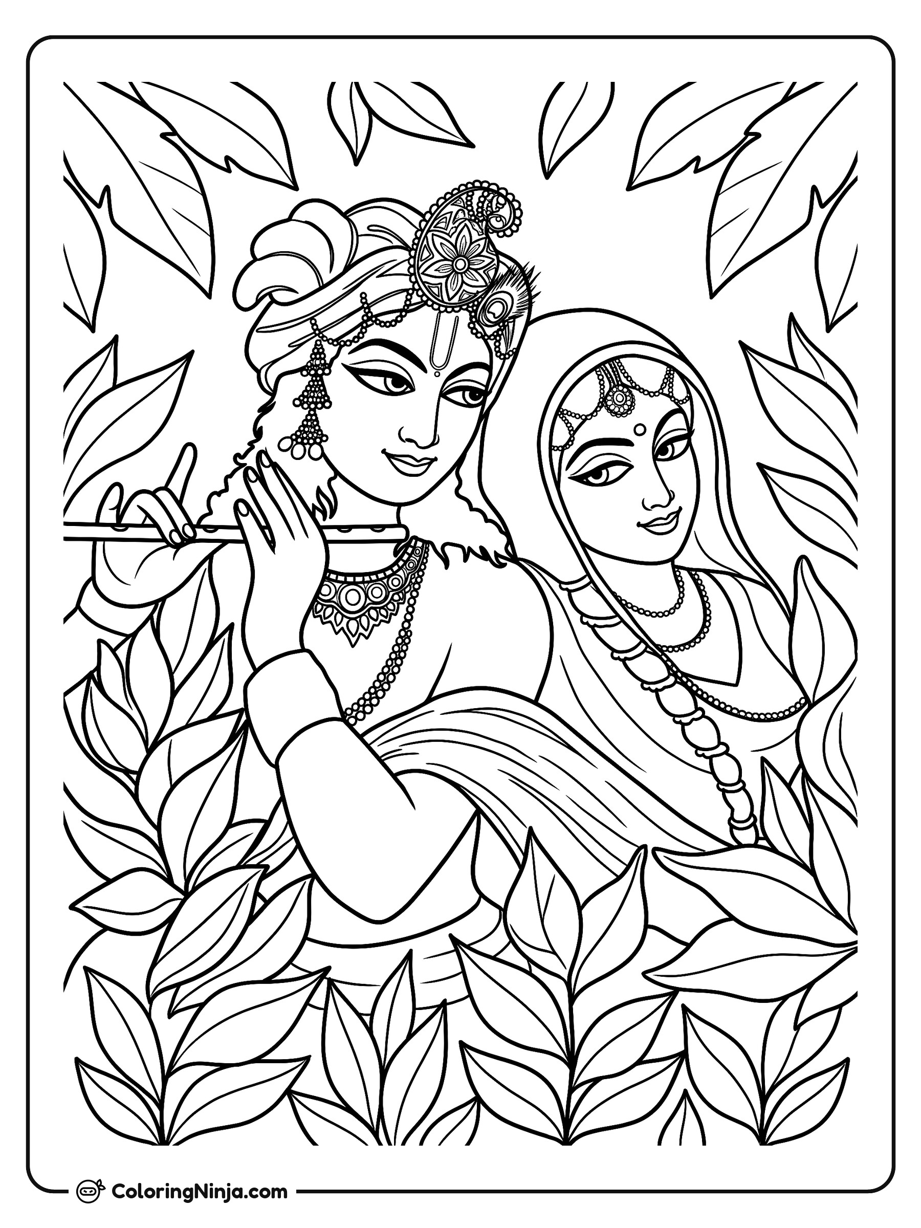 Radha y Krishna tocando la flauta: dibujo para colorear