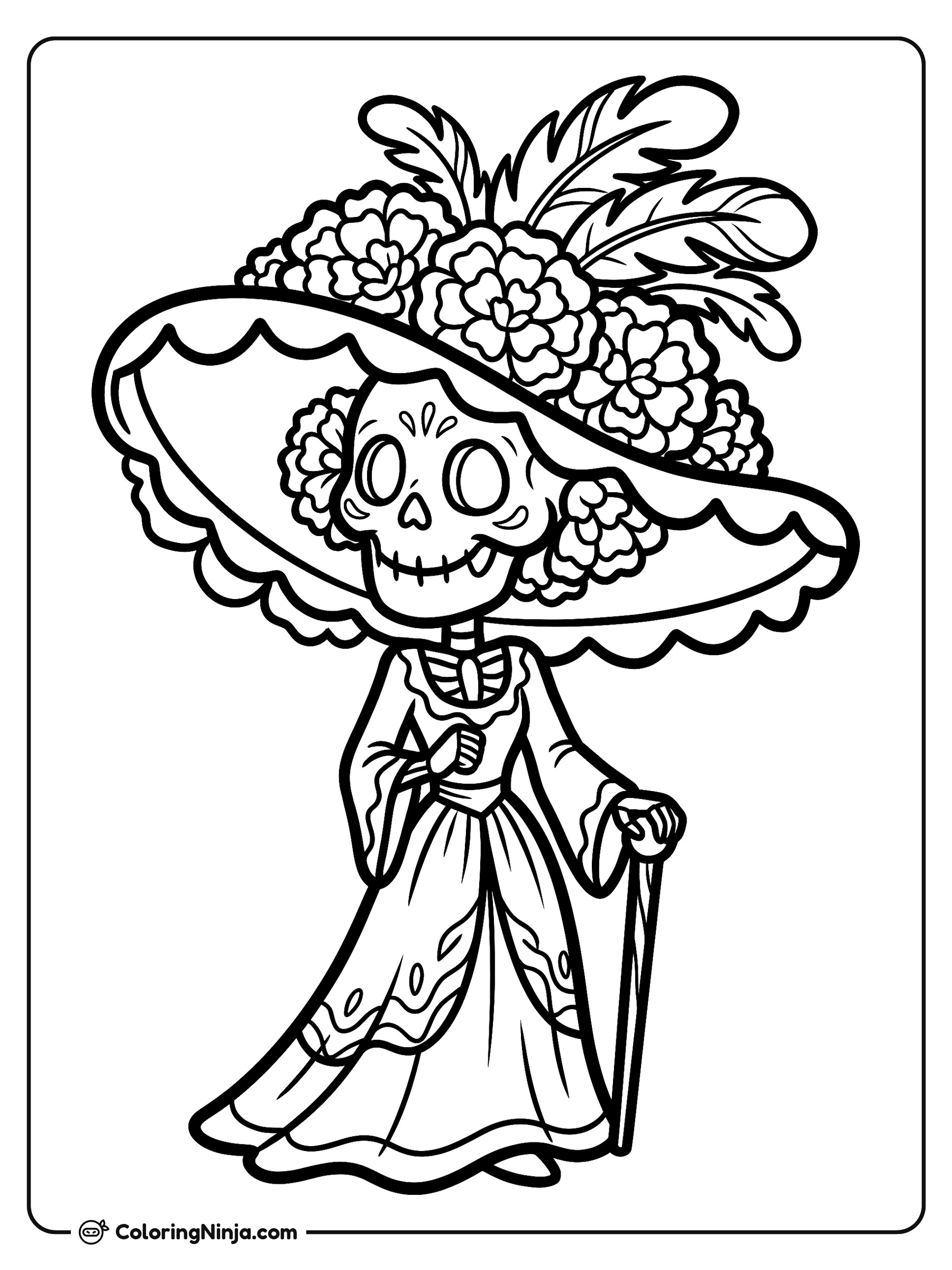 Elegant Catrina Floral Hat Coloring Page