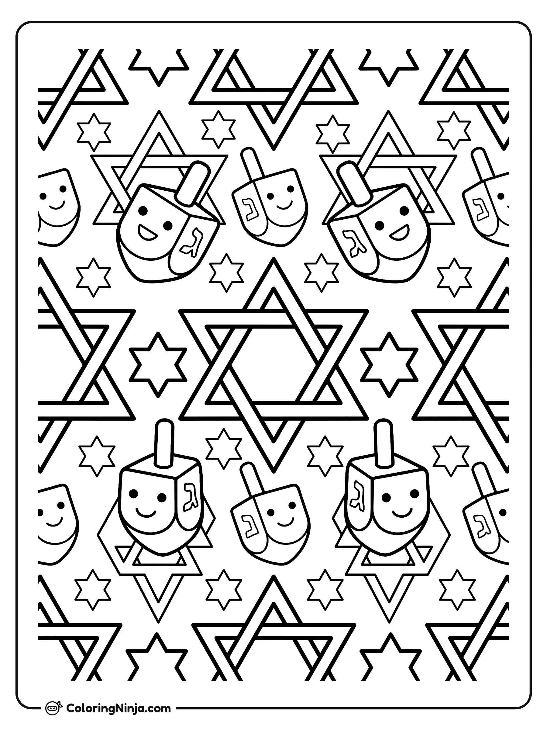 Star of David Geometric Pattern Coloring Page: An all-over pattern composed of overlapping six-pointed stars and small dreidel shapes fills the page.