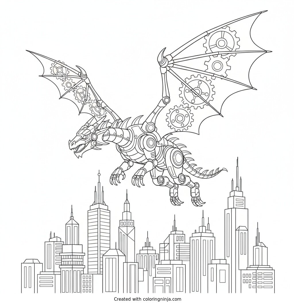Mechanical Dragon Over The City Coloring Page