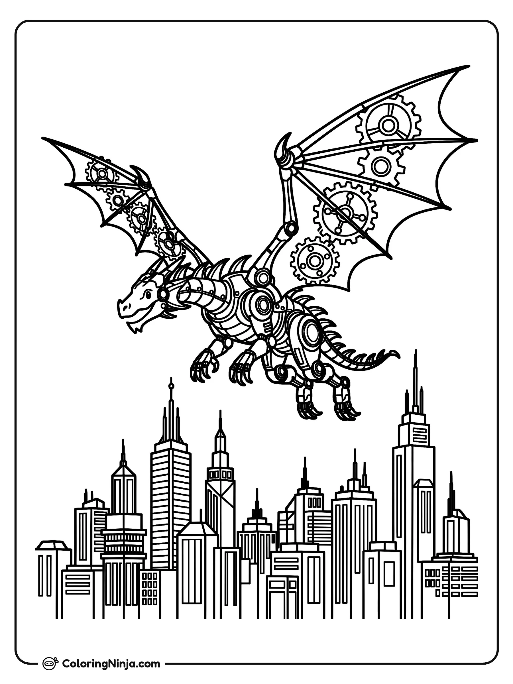 Dragón mecánico sobre la ciudad, dibujo para colorear: Un dragón robótico vuela alto sobre los rascacielos de una gran ciudad con sus alas desplegadas. Su cuerpo está lleno de engranajes y piezas mecánicas fascinantes.