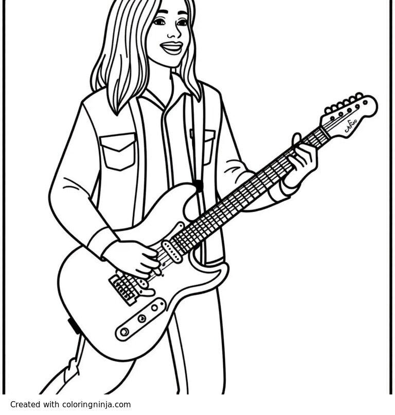 A coloring page of rock and roll guitarist