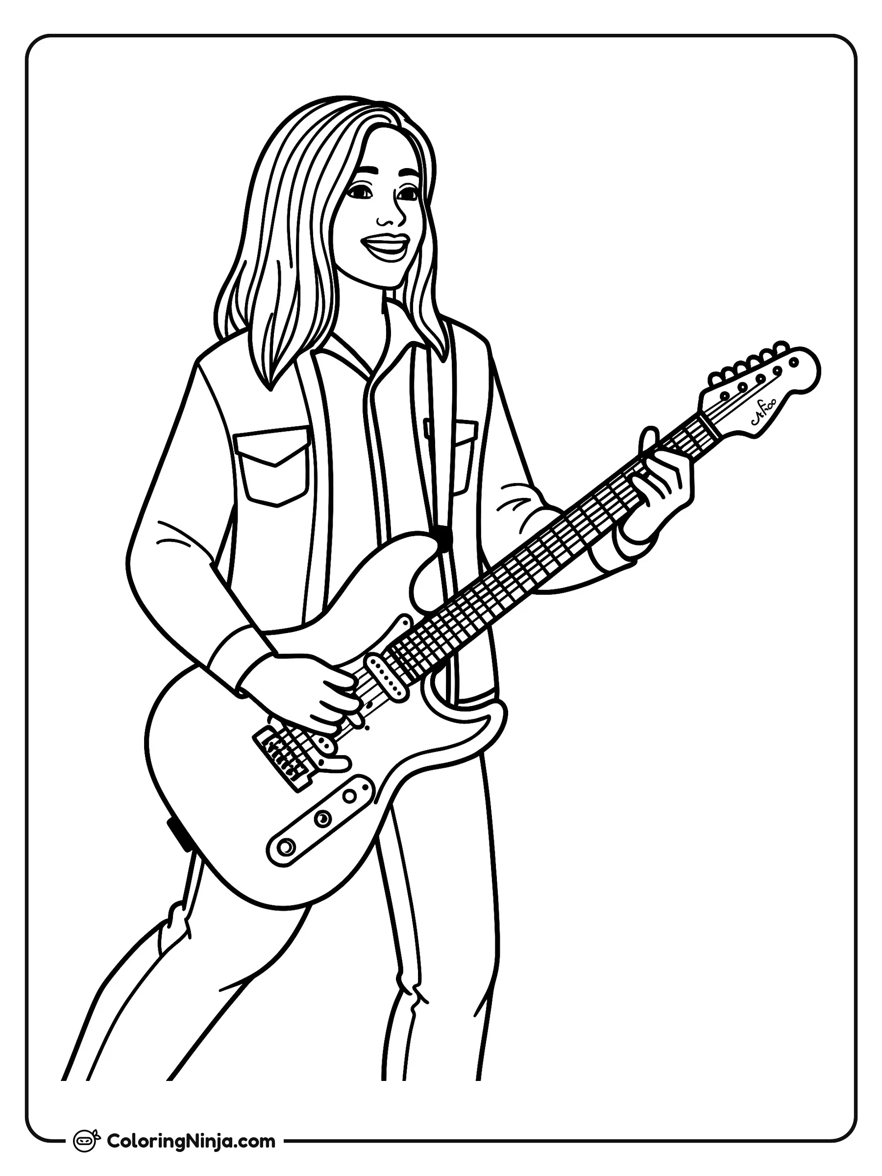Guitarista de rock sonriendo con chaqueta, dibujo para colorear: Una guitarrista de rock sonríe alegremente mientras sostiene su guitarra eléctrica con correa. Viste una chaqueta de mezclilla sobre una camisa de cuello y pantalones ajustados.