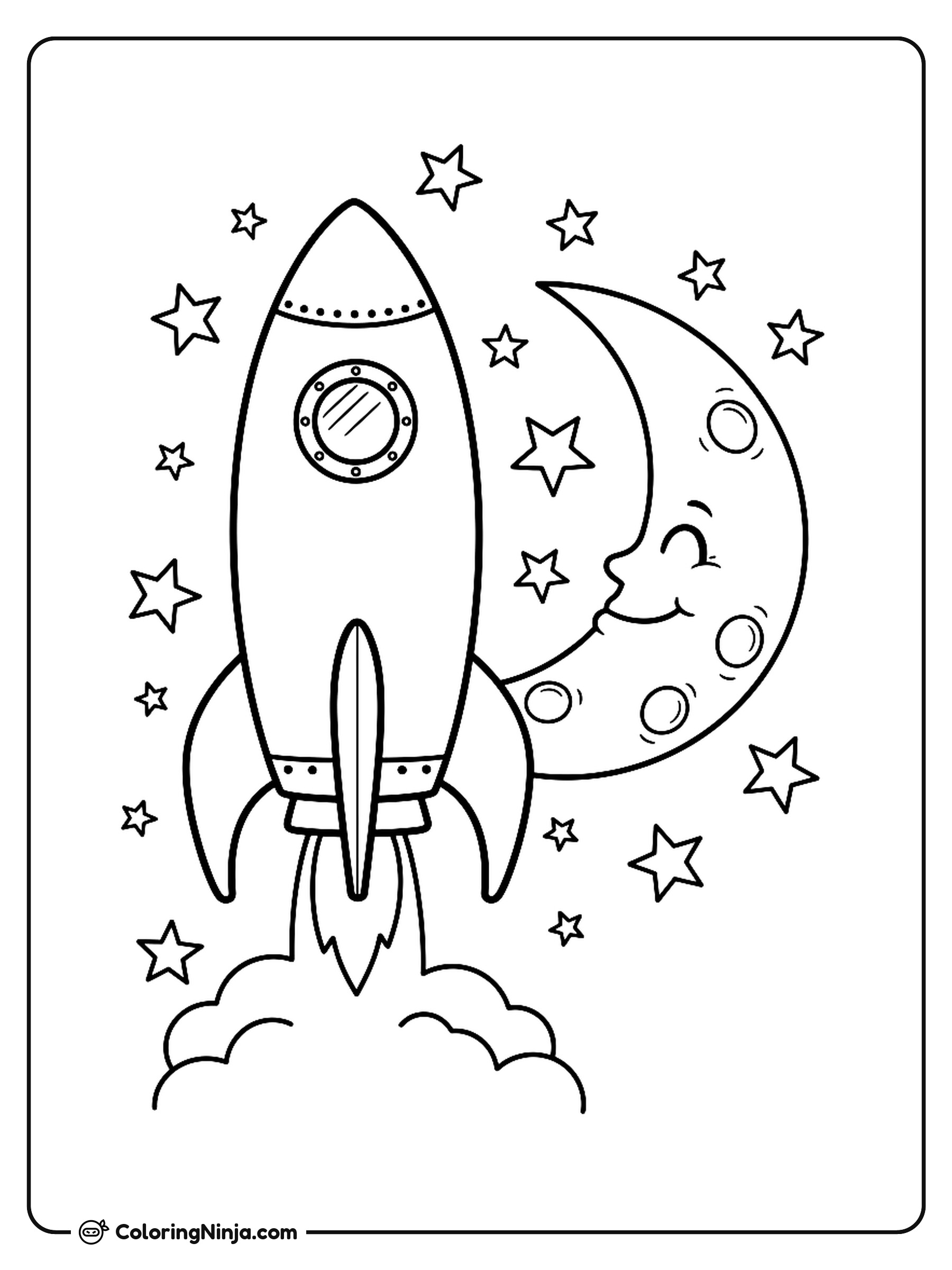 Cohete espacial volando junto a la Luna: dibujo para colorear