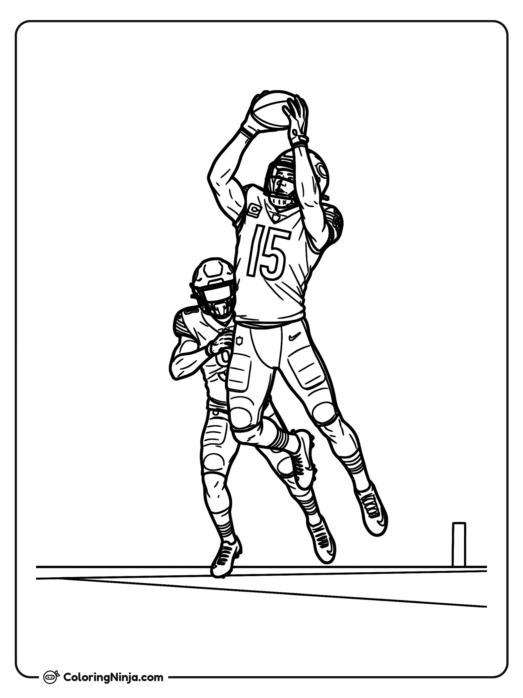 Atrapada Increíble de Rome Odunze, dibujo para colorear: El jugador de fútbol americano Rome Odunze salta muy alto en el aire para atrapar un balón sobre un defensor durante el partido.