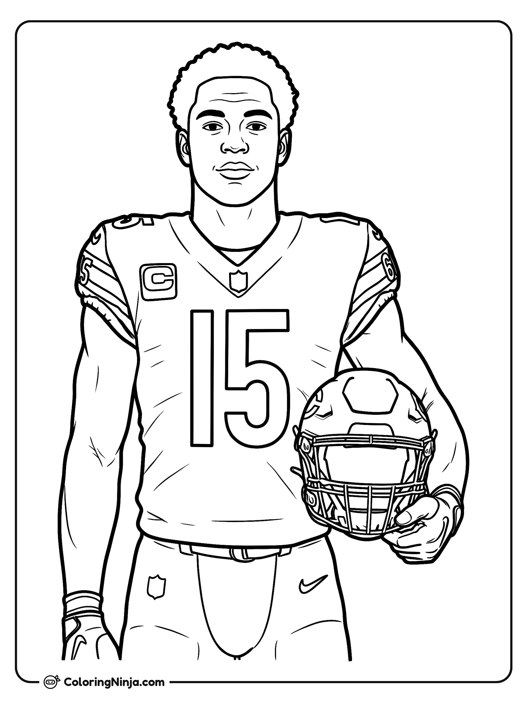 Retrato de Rome Odunze con cascos, dibujo para colorear: Rome Odunze posa con firmeza vistiendo su uniforme de fútbol americano con el número 15. Sostiene su casco con seguridad bajo el brazo mientras mira hacia el frente.