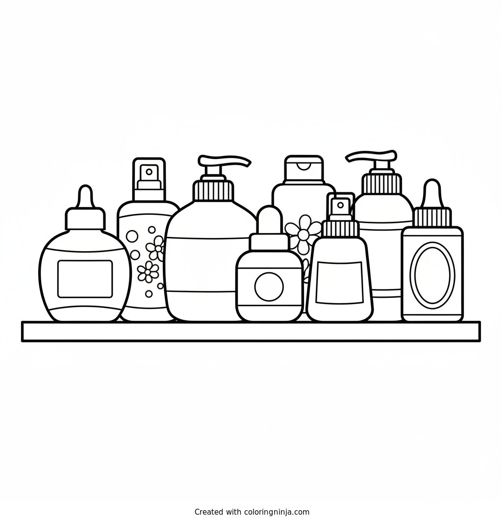 Coloring page of Row of cute skincare bottles on a bathroom shelf
