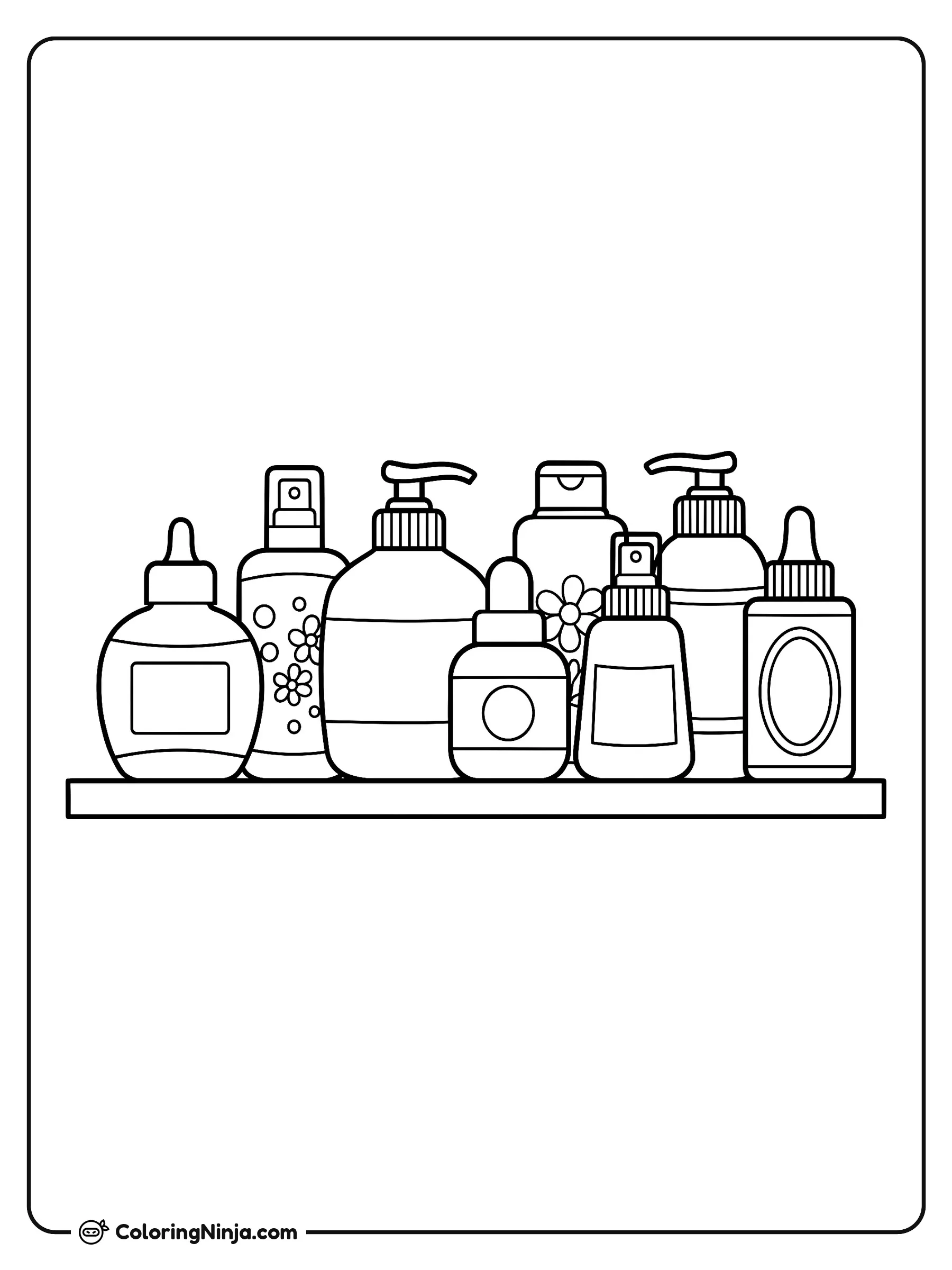 Fila de frascos para el cuidado de la piel, dibujo para colorear: Una linda colección de frascos y lociones descansa de forma ordenada sobre un estante del baño.