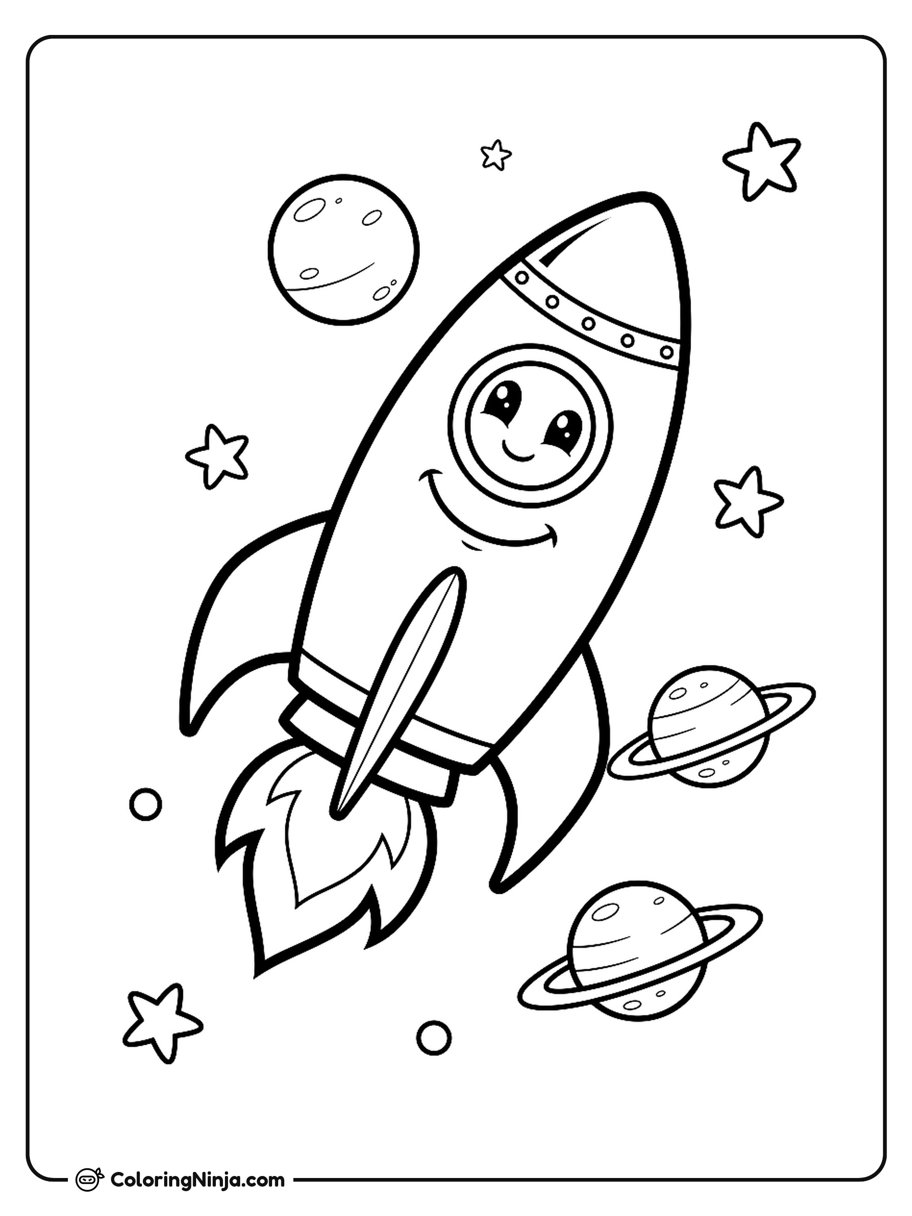 Cohete espacial sonriente en el universo: dibujo para colorear