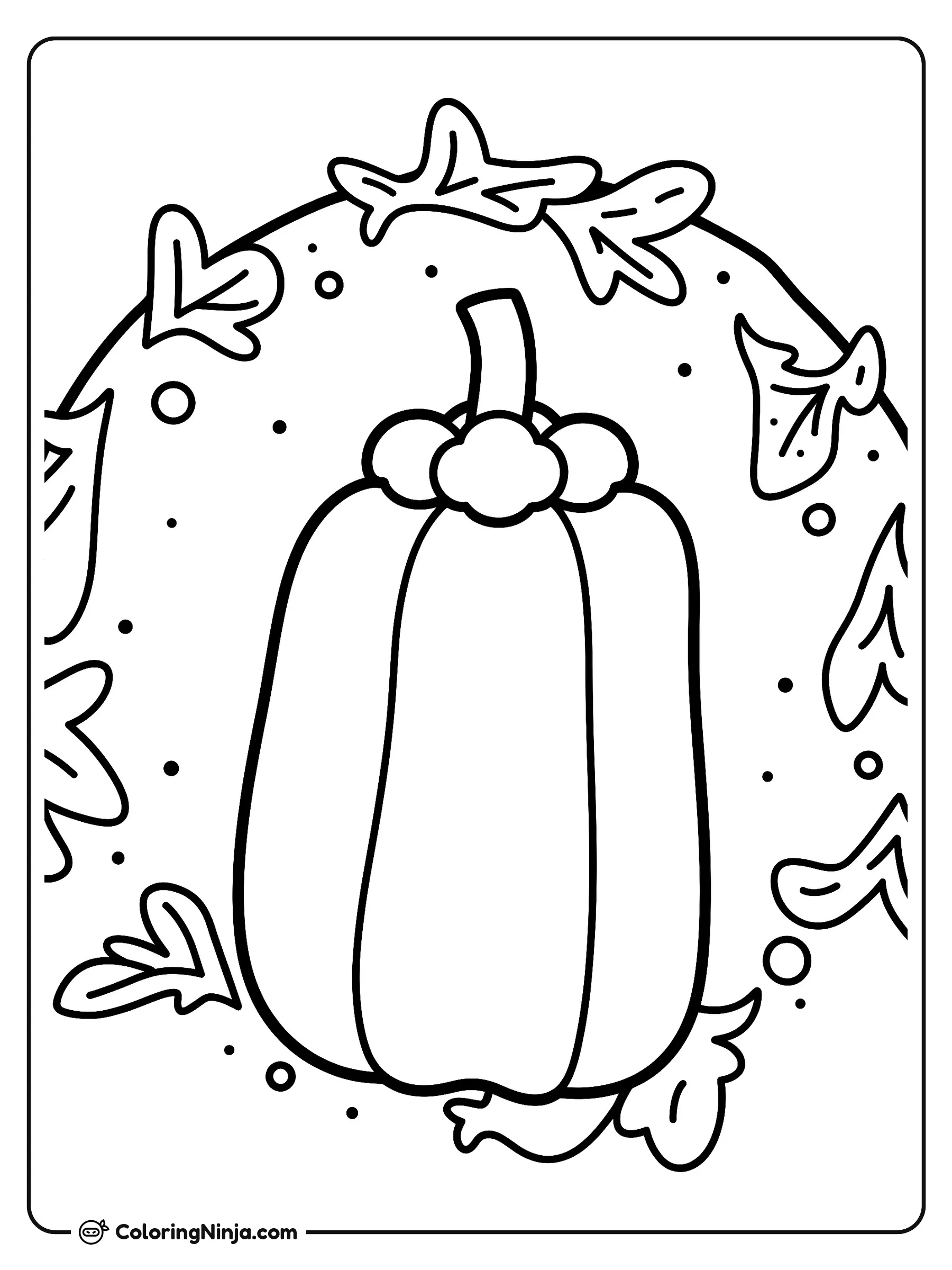 Calabaza rodeada de hojas de otoño, dibujo para colorear: Una calabaza alargada se encuentra en el centro de un marco circular formado por hojas de otoño y pequeños puntos flotantes.