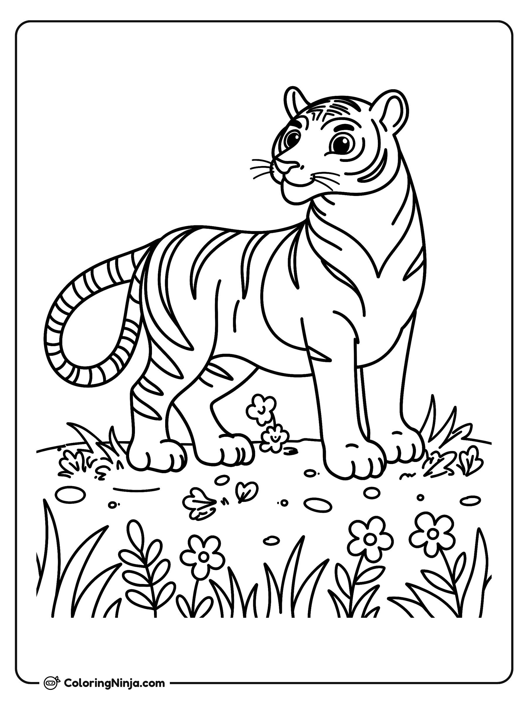 Lindo tigre de pie en el pasto: dibujo para colorear