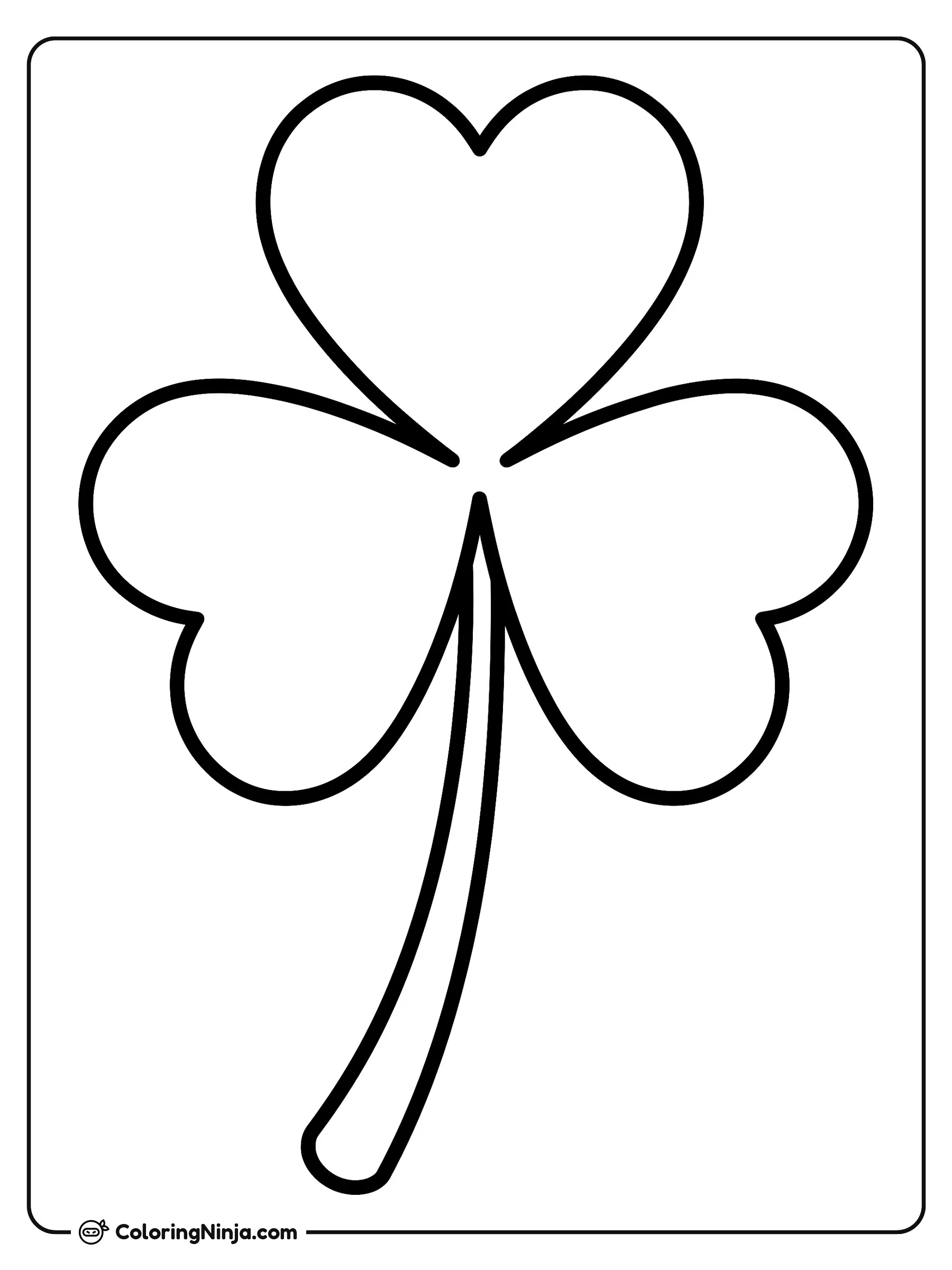 Trebol de San Patricio, dibujo para colorear: Un trébol sencillo de San Patricio se muestra centrado en la página. Tiene tres hojas en forma de corazón y un tallo largo que se curva ligeramente al final.