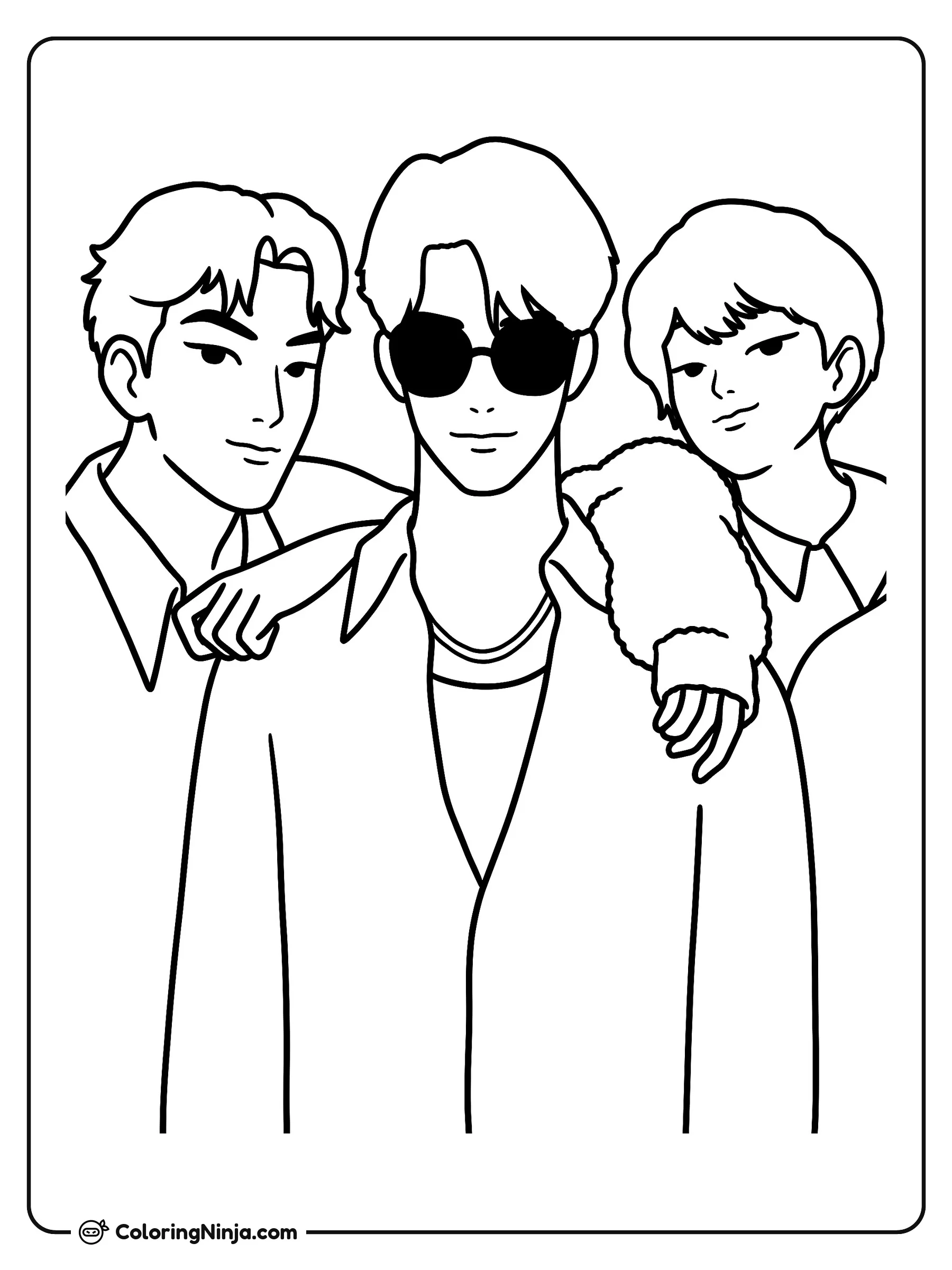 Los integrantes de Saja Boys, dibujo para colorear: Tres miembros del grupo Saja Boys posan juntos de manera muy amigable.