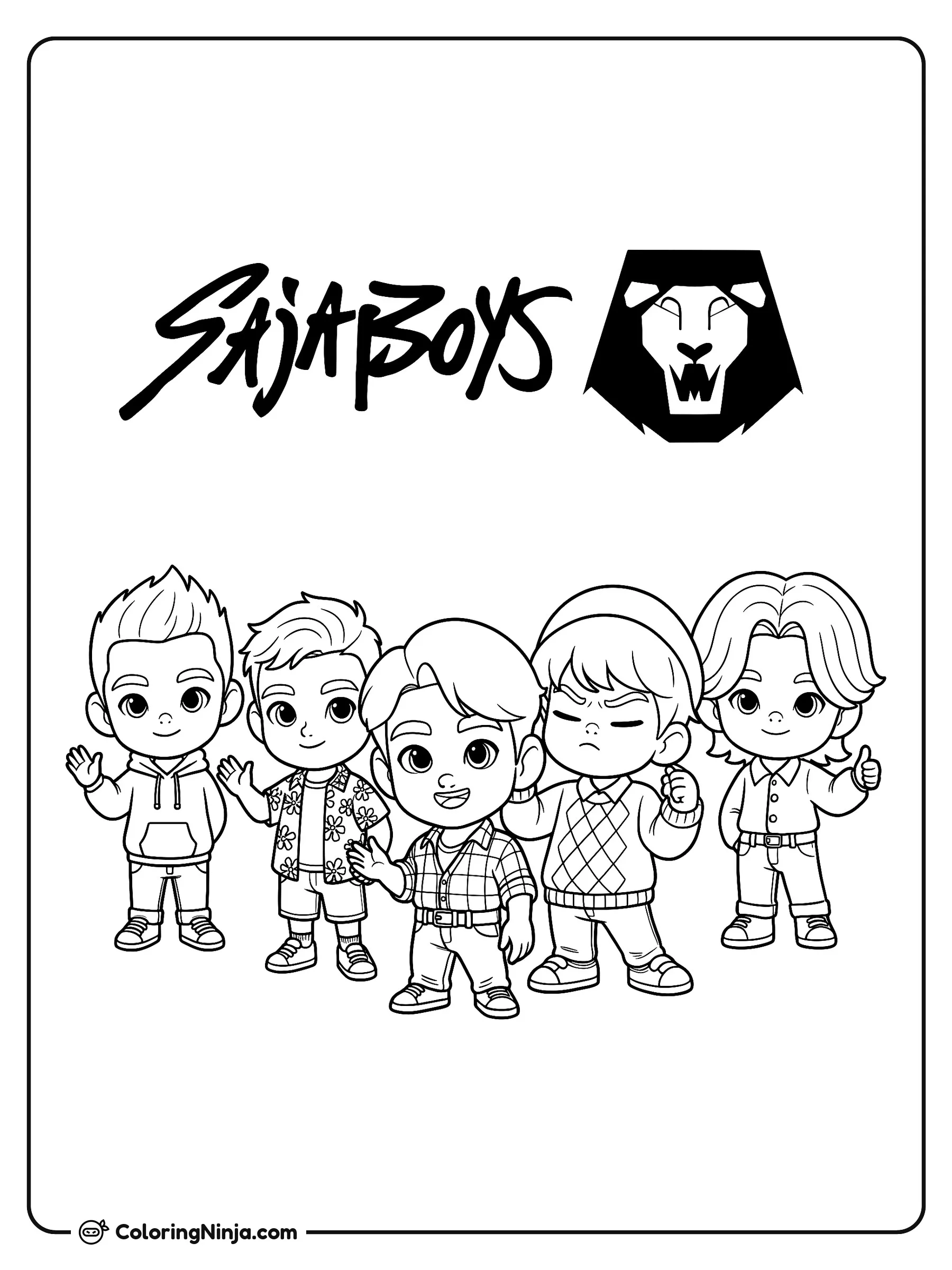 Alineación Chibi de Saja Boys, dibujo para colorear: Cinco personajes chibi de Saja Boys posan juntos mostrando sus diferentes peinados y ropa moderna, desde camisas de flores hasta suéteres y gorritos.