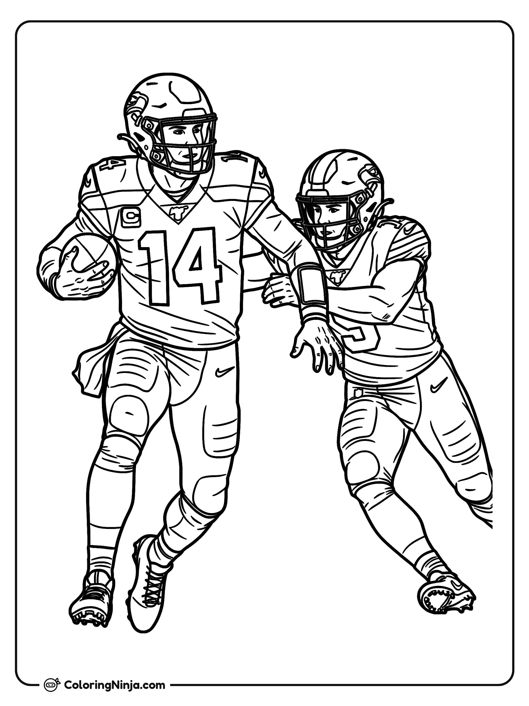Sam Darnold corriendo en el campo, dibujo para colorear: El mariscal de campo Sam Darnold avanza a toda velocidad con el balón asegurado bajo el brazo mientras otro jugador lo acompaña para proteger la jugada.