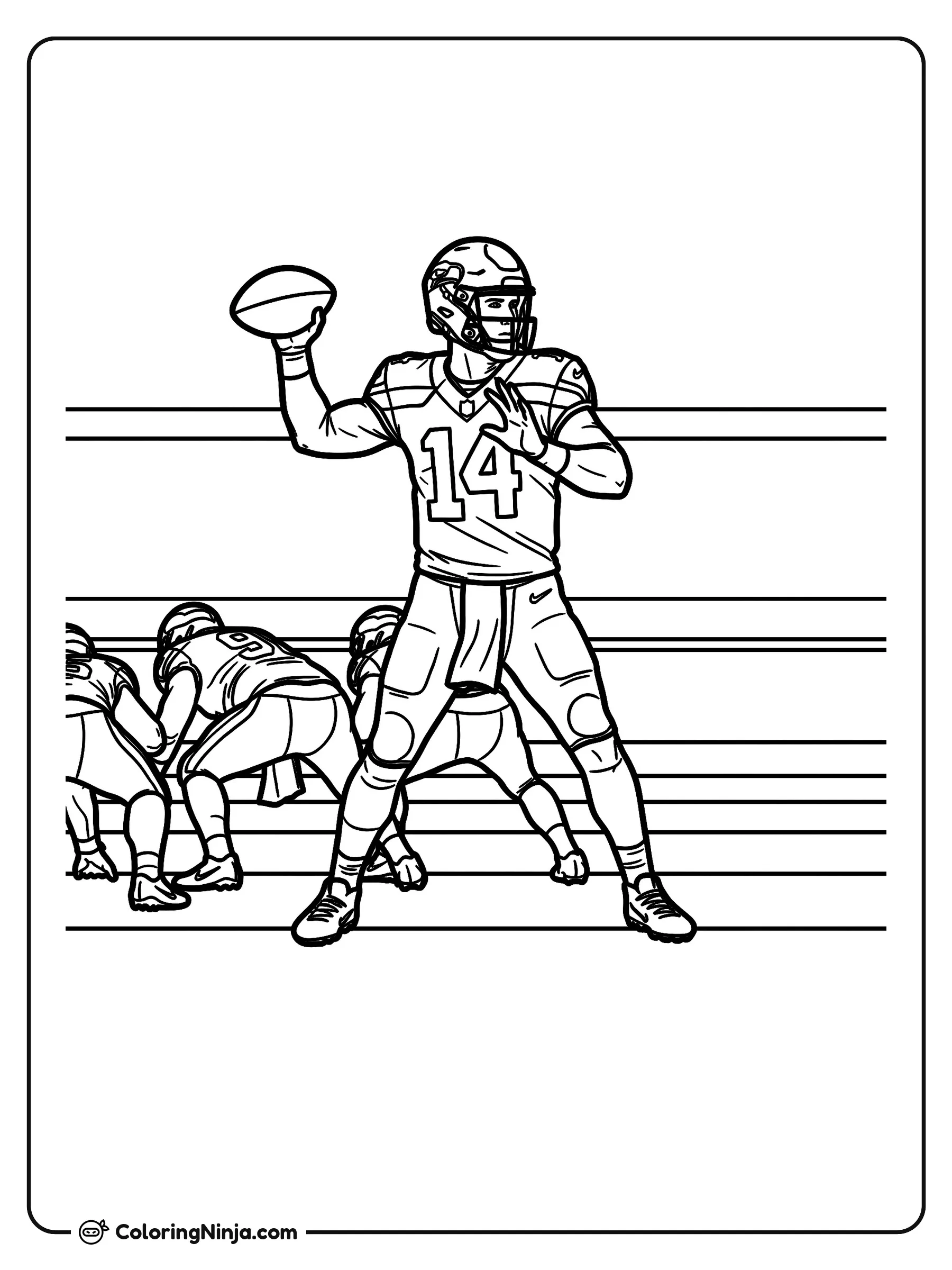 Sam Darnold Preparándose para Lanzar, dibujo para colorear: El mariscal de campo Sam Darnold sostiene el balón con la intención de hacer un pase, vistiendo su casco, tachones y el jersey número 14.