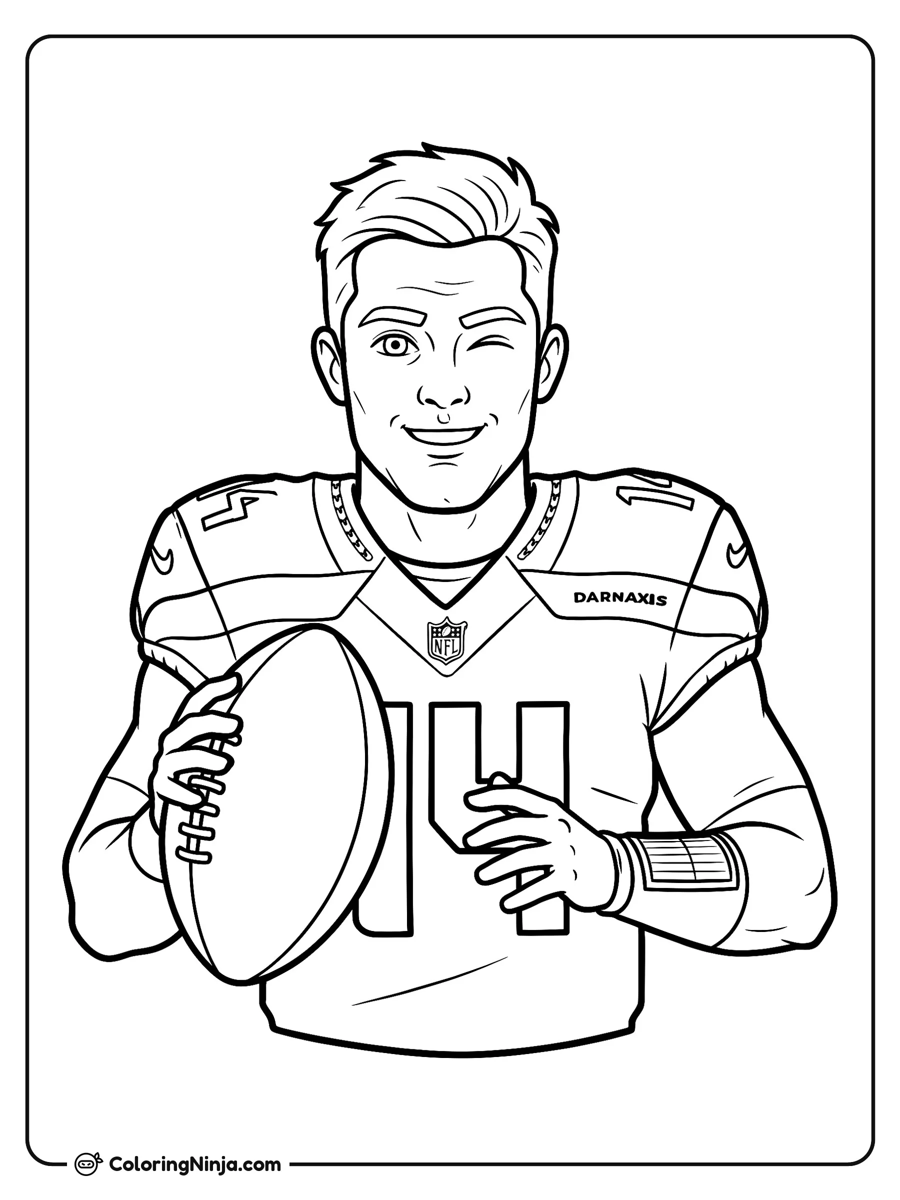 Sam Darnold mariscal de campo en caricatura, dibujo para colorear: El mariscal de campo Sam Darnold viste su uniforme de fútbol americano con el número 14, guiñando un ojo y sonriendo mientras sostiene el balón.