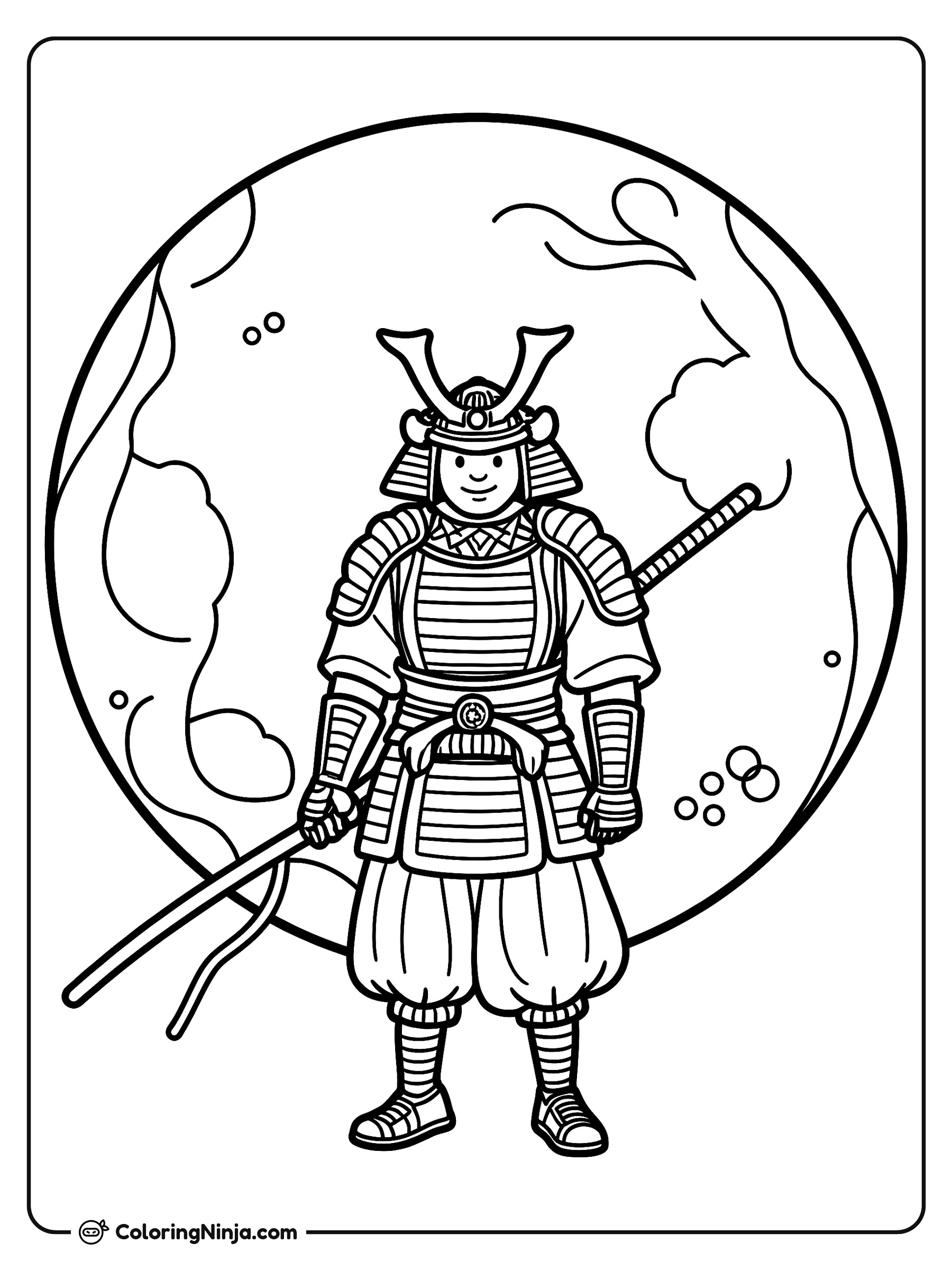 Un samurái frente a la luna de sangre: dibujo para colorear