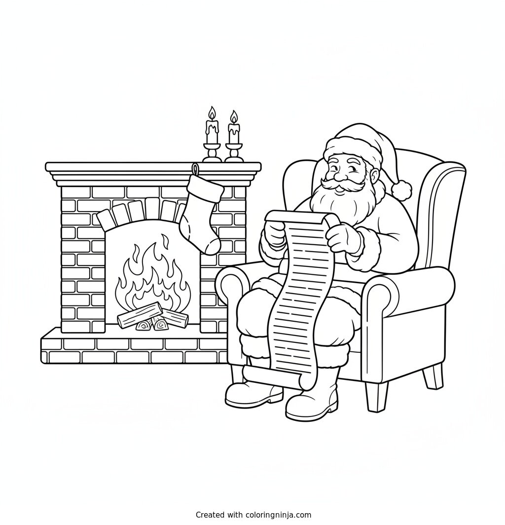 Santa Checking His Scroll List Coloring Page