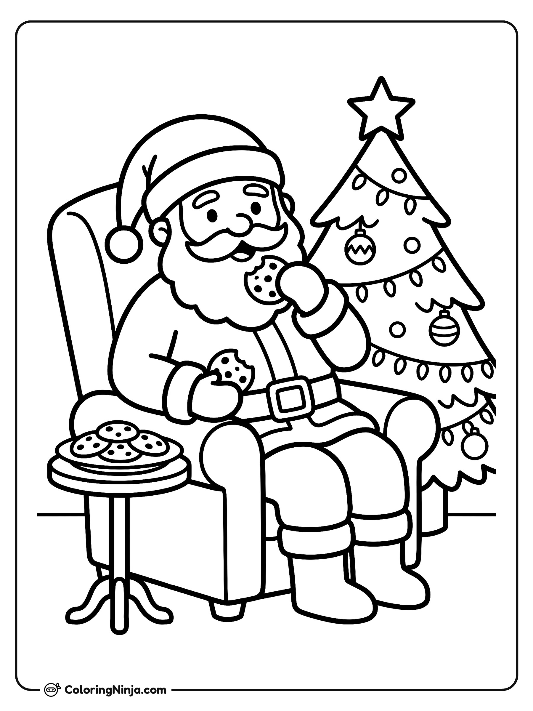 Santa Claus comiendo galletas junto al árbol: dibujo para colorear