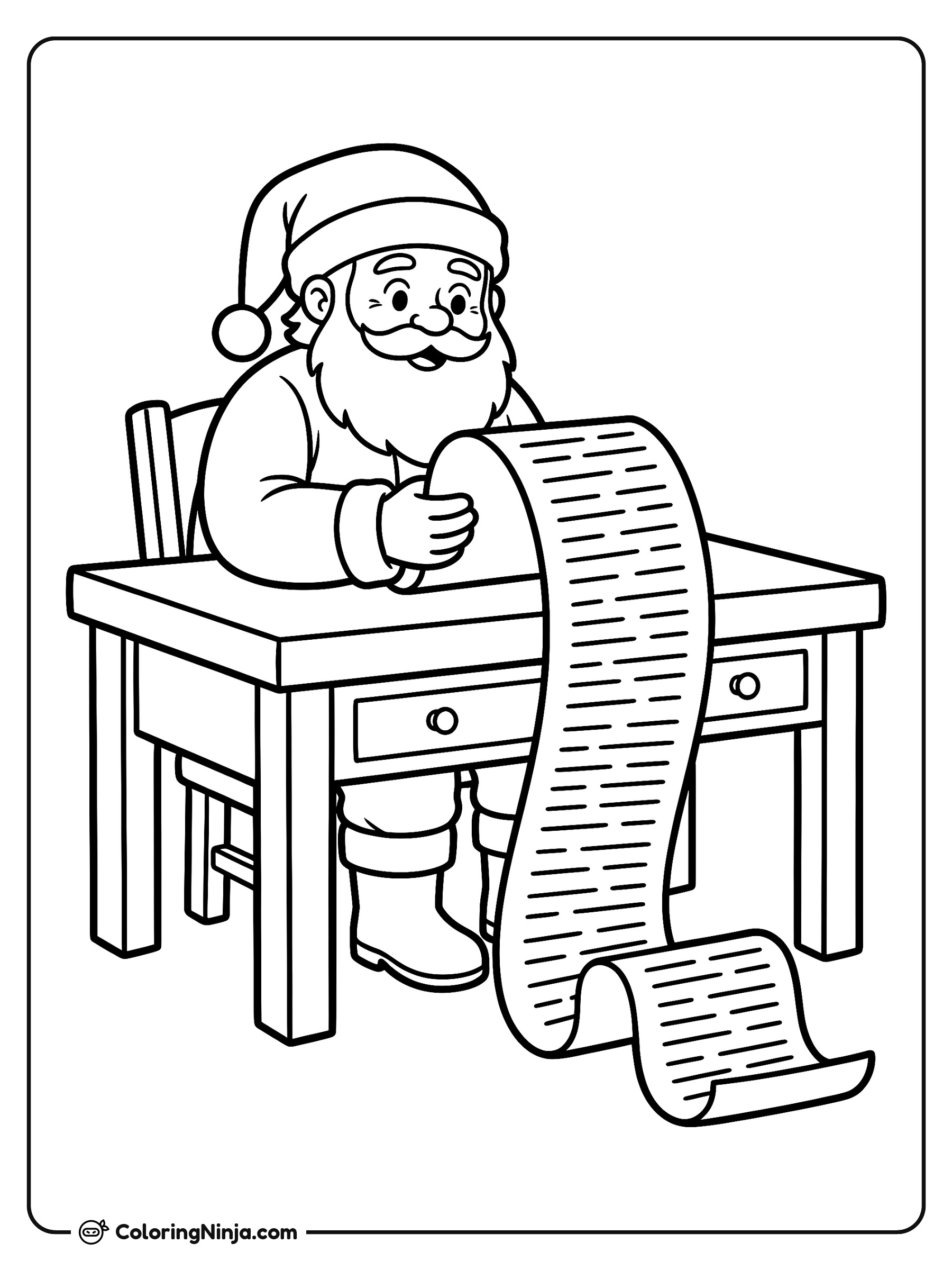 Santa Claus revisando la lista de regalos: dibujo para colorear