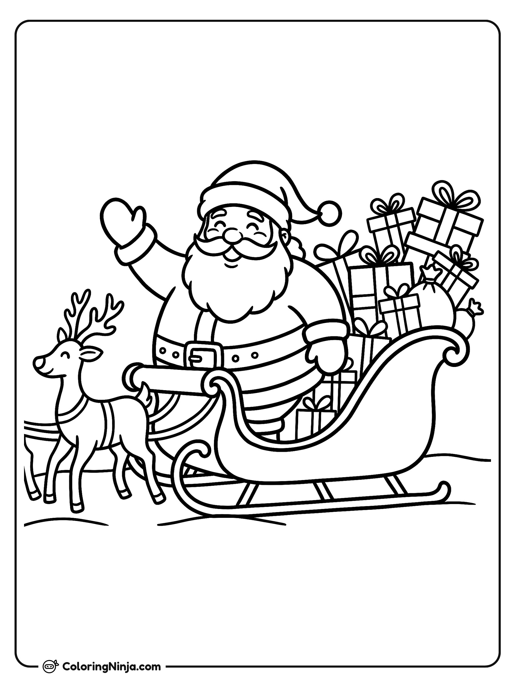 Santa Claus en un trineo lleno de regalos: dibujo para colorear