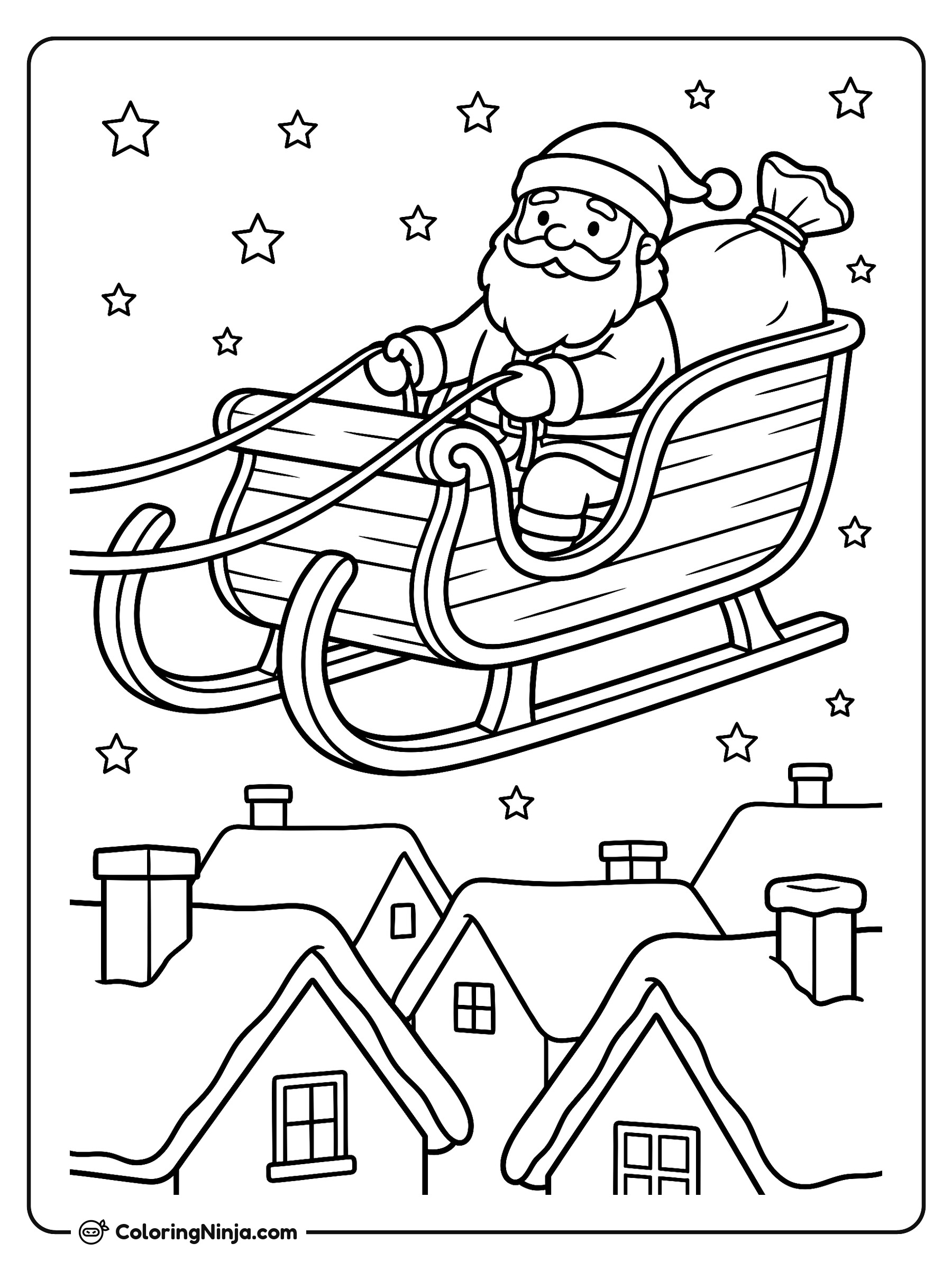 Papá Noel volando sobre los tejados: dibujo para colorear