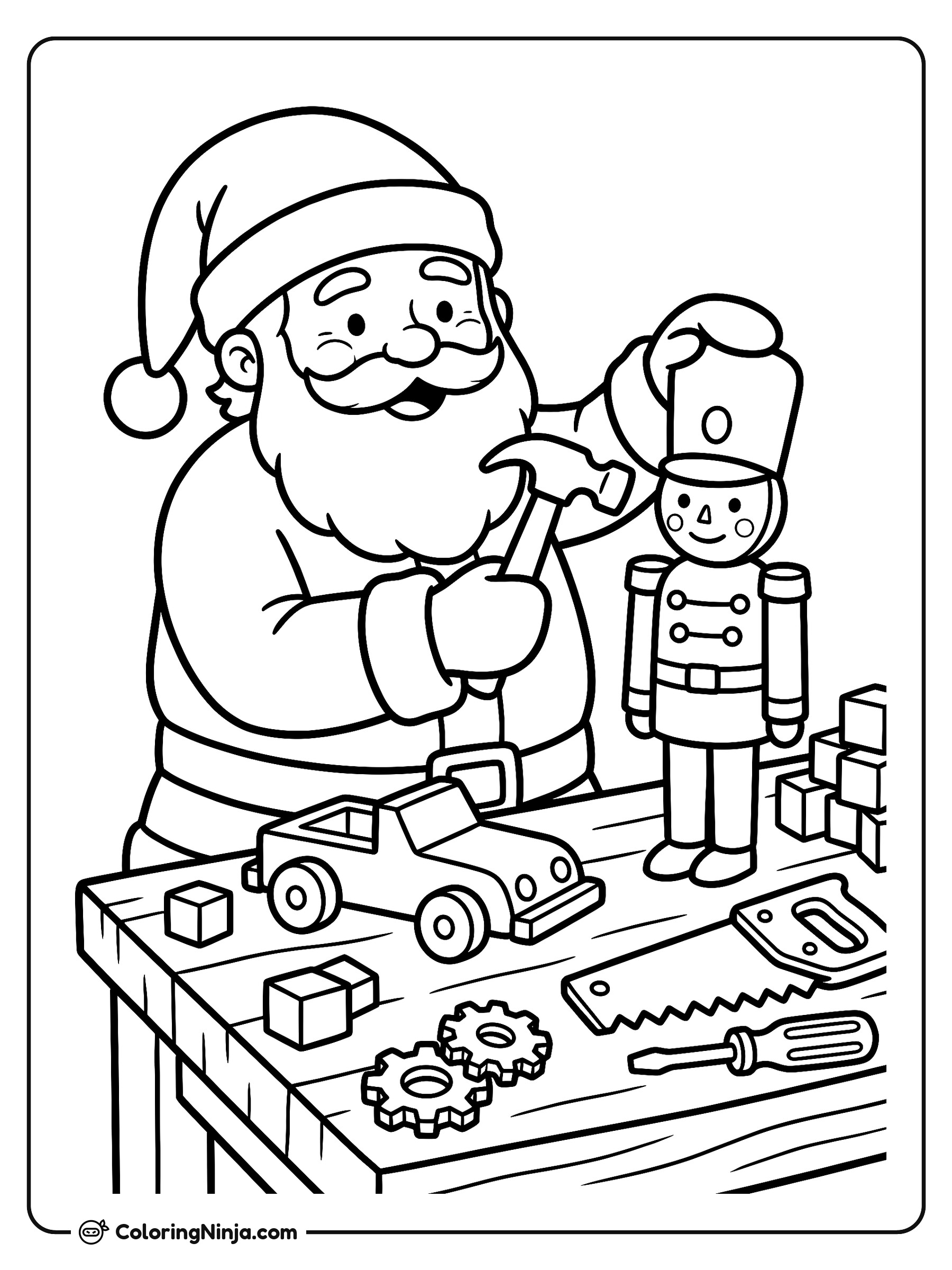 Santa Claus construyendo juguetes en su taller: dibujo para colorear