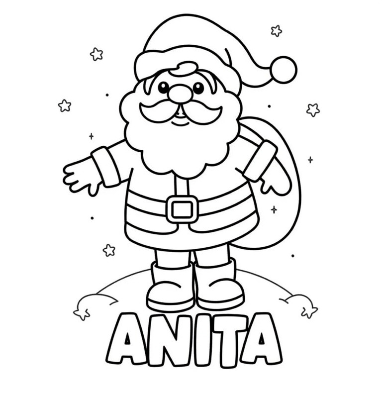 A coloring page of santa with the word "ANITA" below him