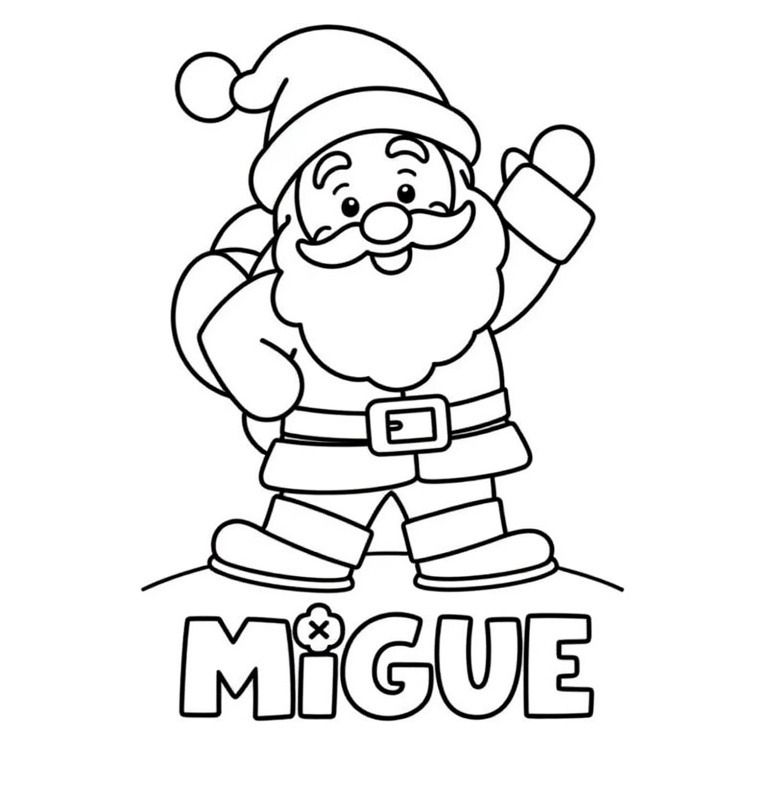 A coloring page of santa with the word "MIGUE" below him