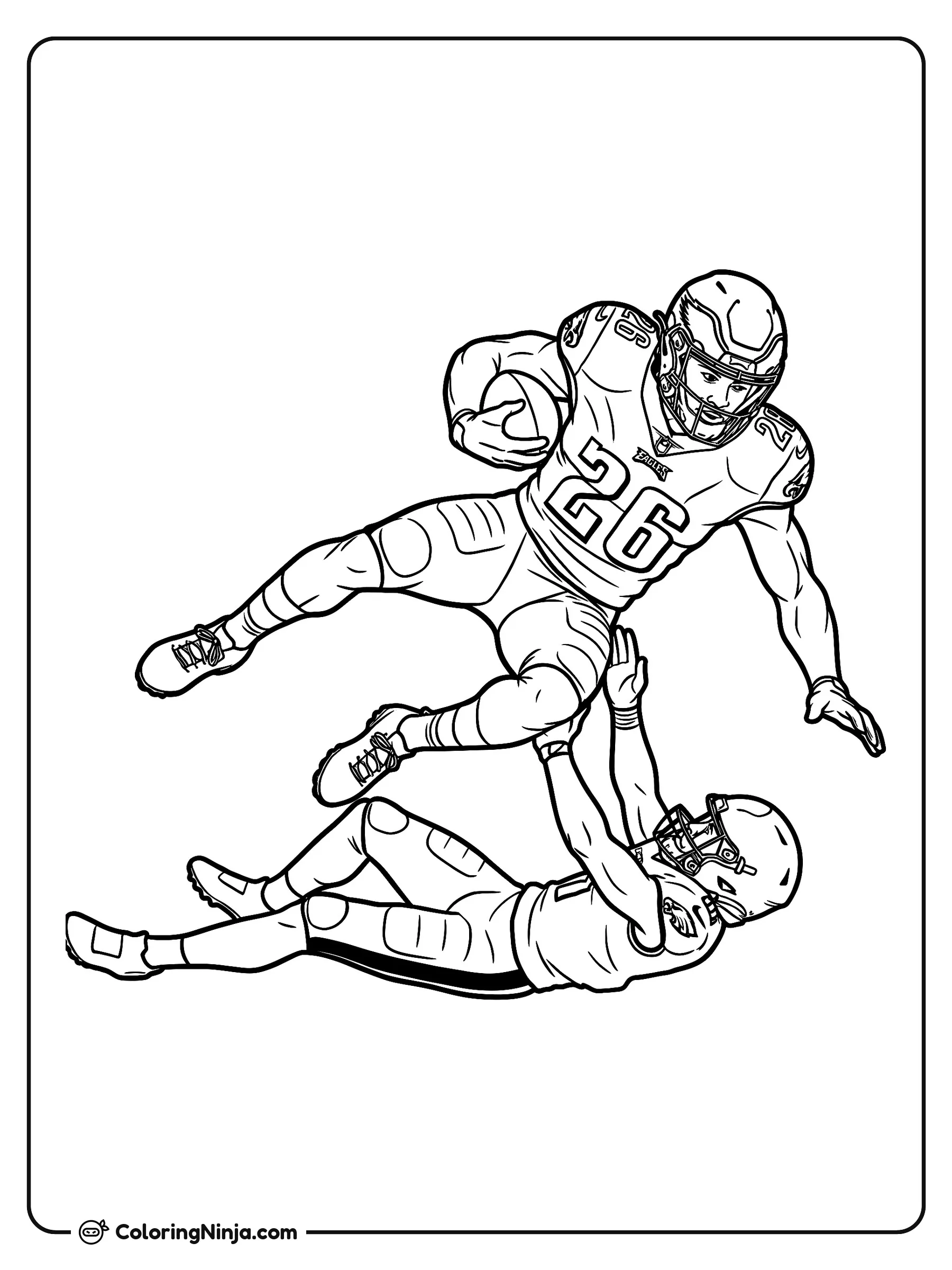 Salto Inverso de Saquon Barkley, dibujo para colorear: Saquon Barkley salta muy alto por el aire llevando el balón de fútbol americano mientras esquiva a un defensor que se desliza por debajo.