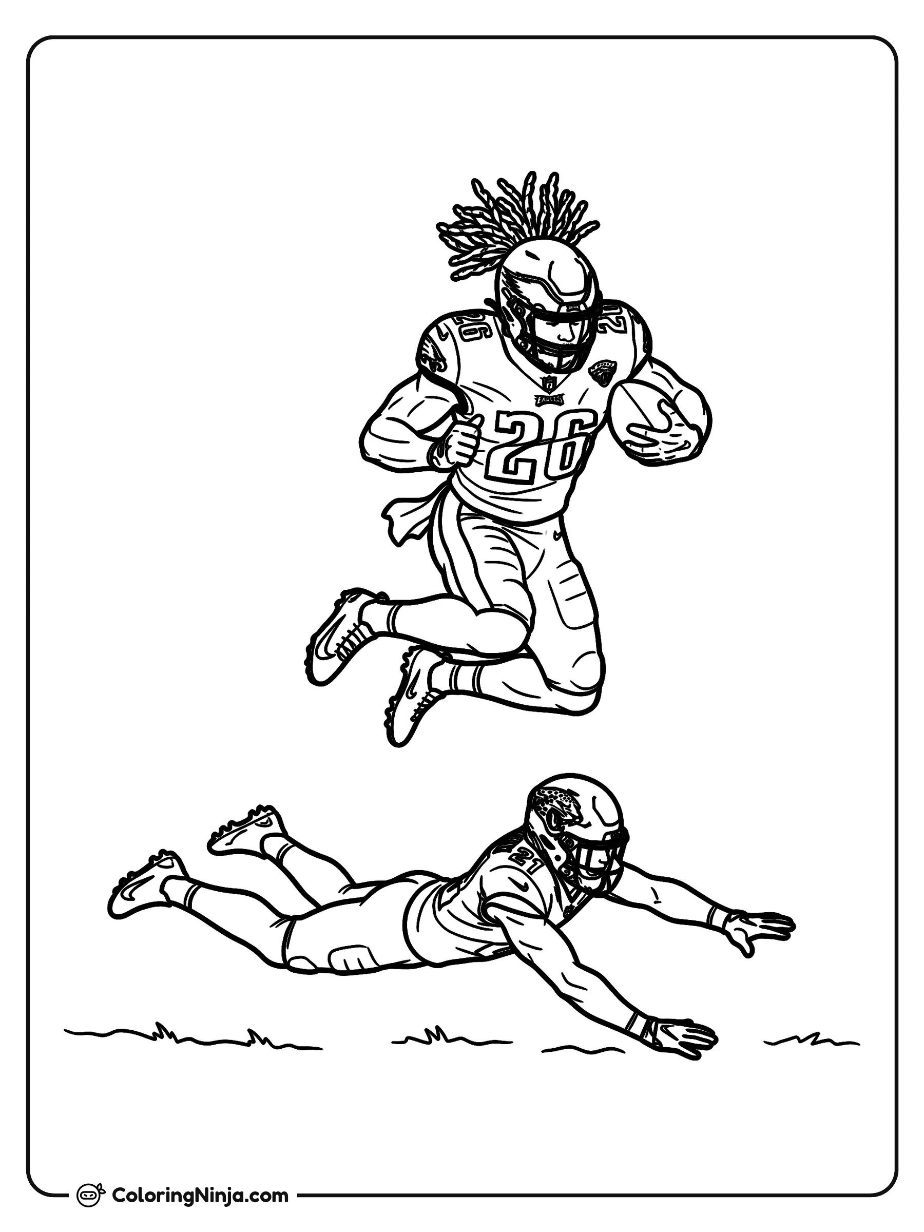 Salto Invertido de Saquon Barkley, dibujo para colorear: Saquon Barkley salta por los aires sujetando un balón de fútbol americano mientras realiza un salto invertido sobre un defensor tirado en el césped.