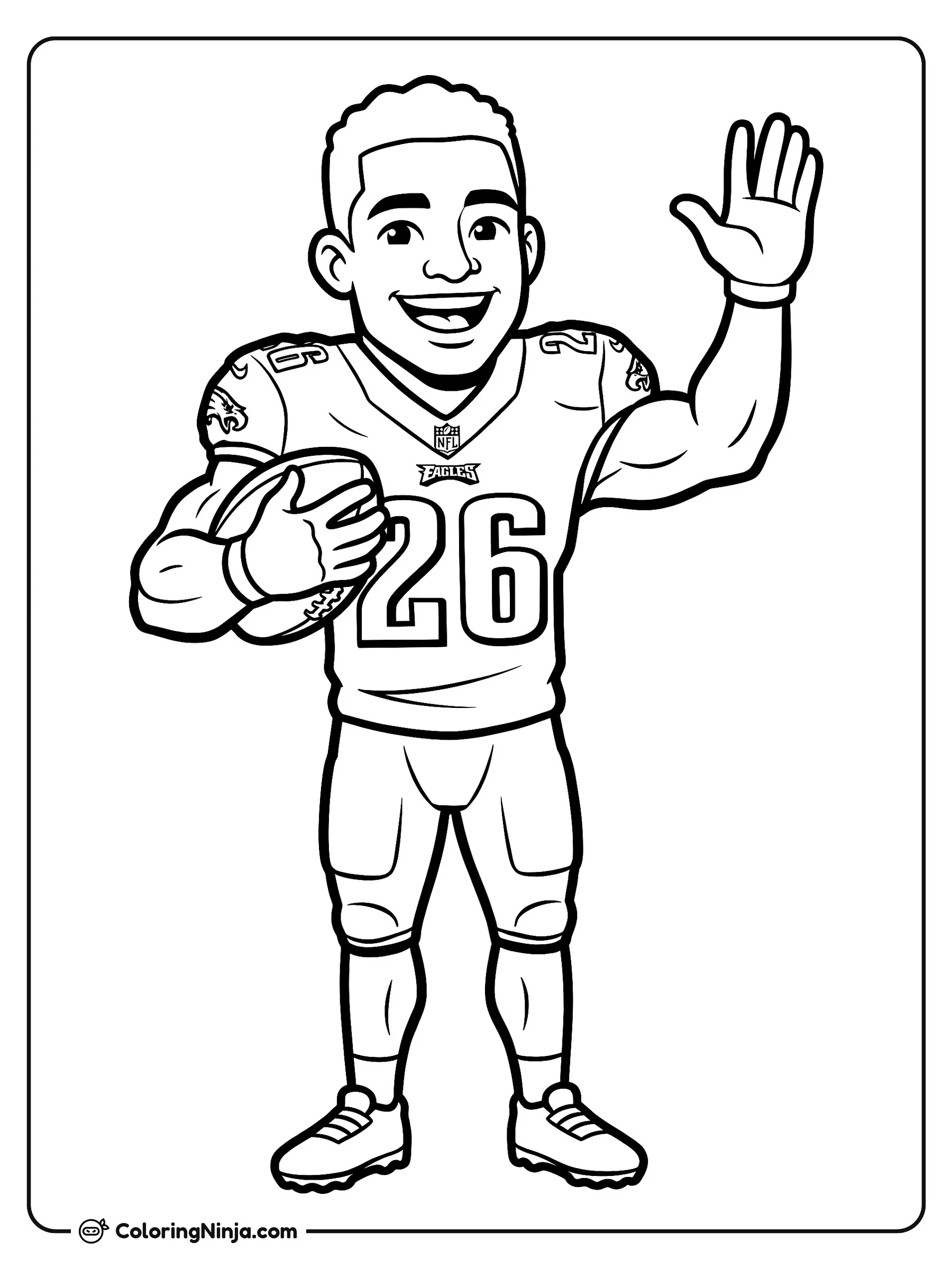 Retrato animado del jugador Saquon Barkley, dibujo para colorear: La estrella de fútbol americano Saquon Barkley sonríe mientras sostiene un balón bajo el brazo y saluda con la mano.