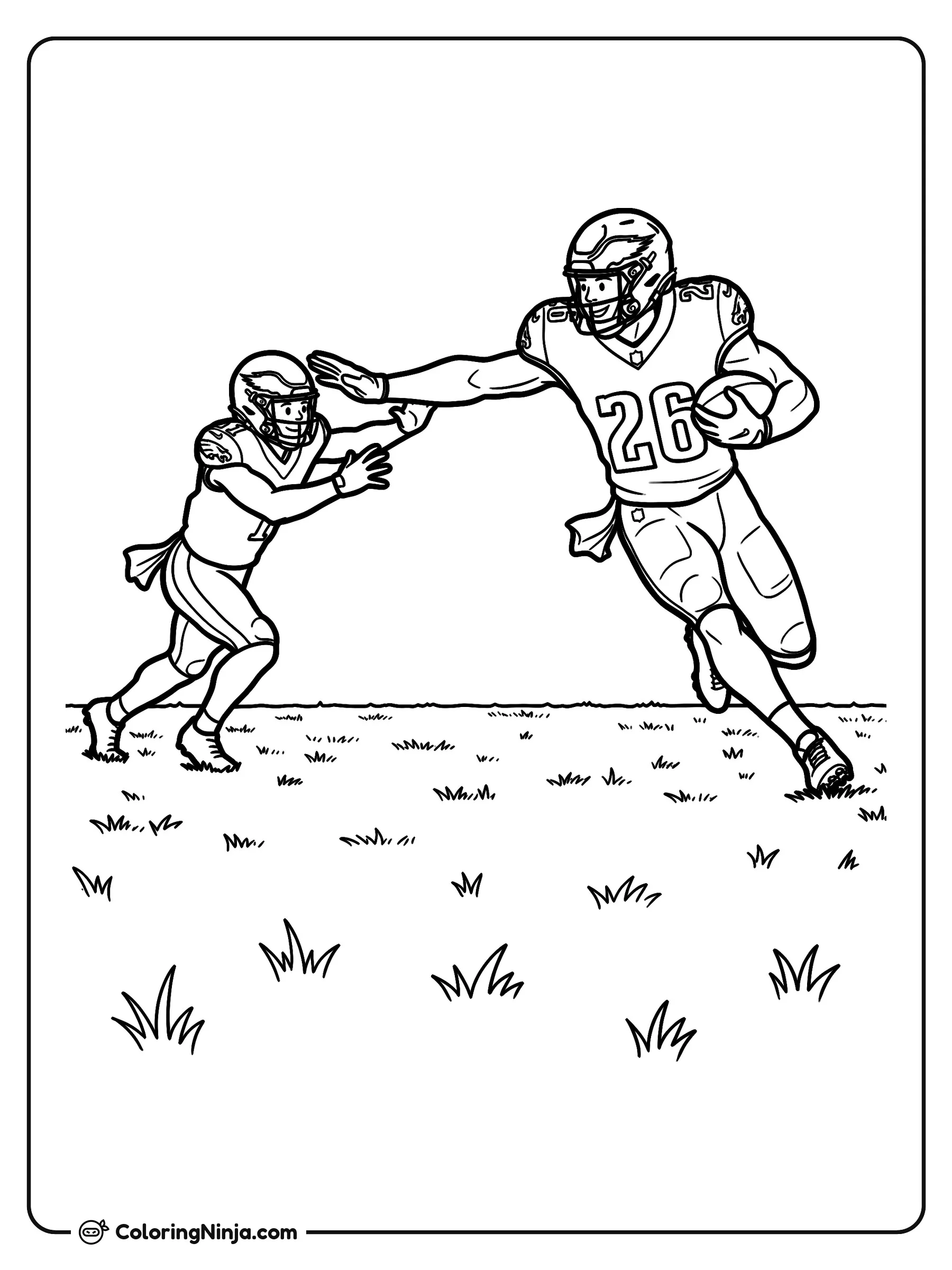 Carrera potente de Saquon Barkley, dibujo para colorear: Saquon Barkley corre por la banda con el balón en mano mientras esquiva a un jugador contrario durante un partido de fútbol americano.