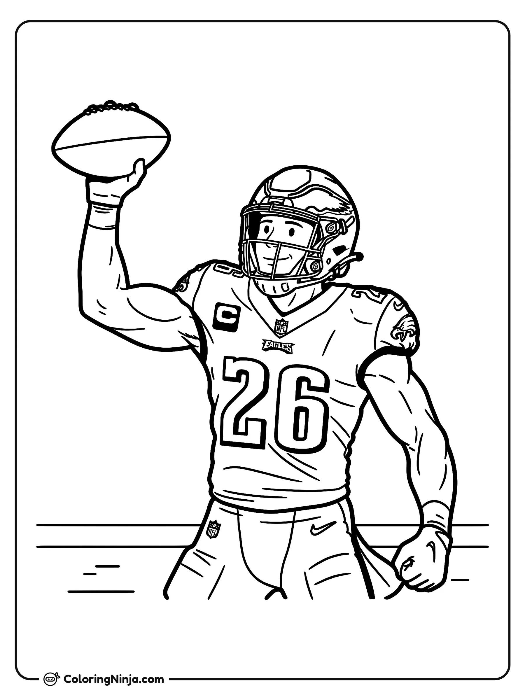 Saquon Barkley celebrando un touchdown, dibujo para colorear: Saquon Barkley luce su uniforme completo de fútbol americano y casco mientras celebra una anotación en la zona de gol.