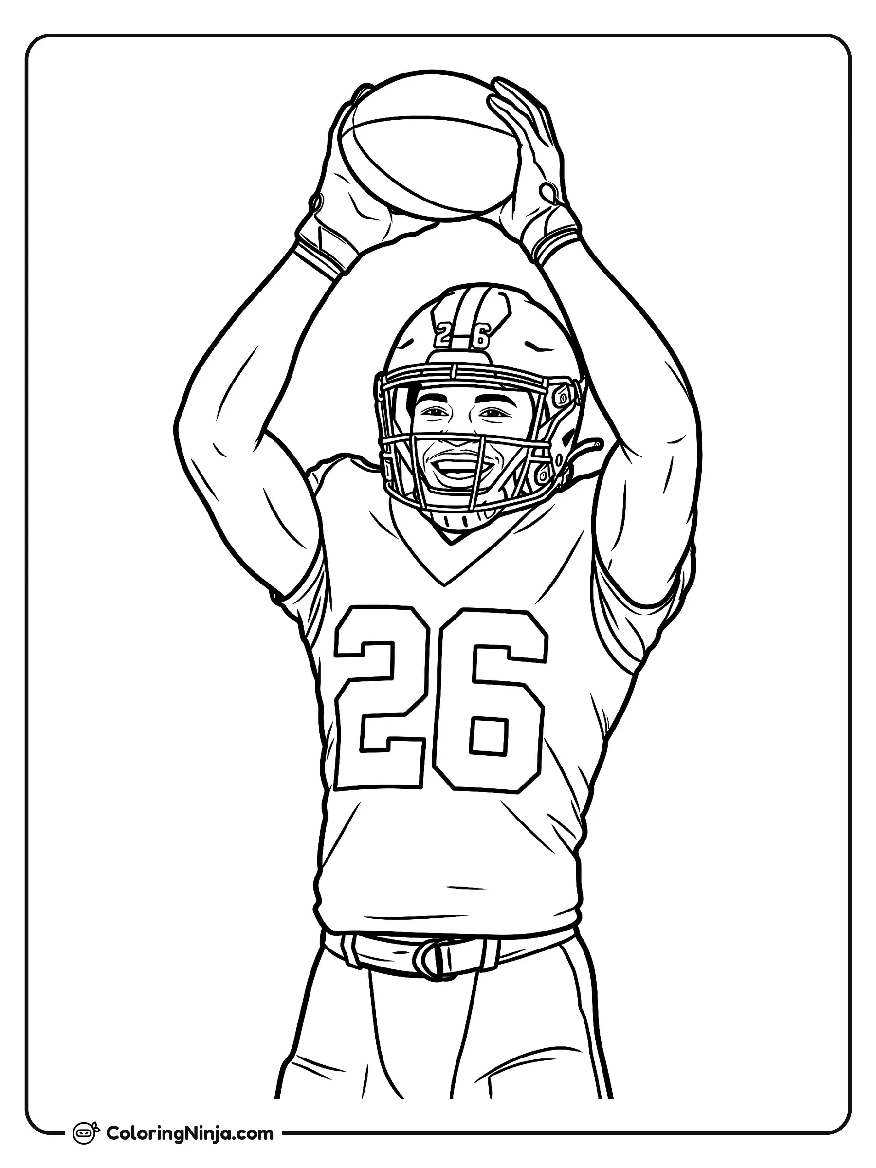 Celebración de touchdown de Saquon Barkley, dibujo para colorear: El jugador de fútbol americano Saquon Barkley sonríe mientras celebra una anotación levantando el balón con ambas manos.